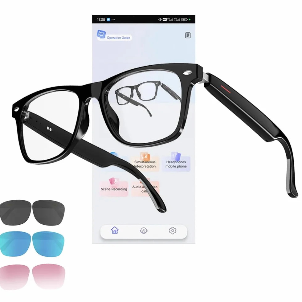 Inteligentne okulary AI dla mężczyzn/kobiet - Bluetooth z tłumaczeniem, redukcja szumów, filtr niebieskiego światła i wymienne soczewki (czarny/niebieski/różowy) do biura / na zewnątrz - czarne