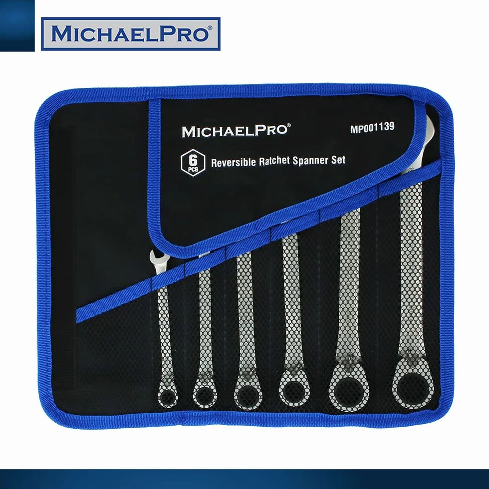MichaelPro MP001139 zestaw kluczy płasko-oczkowych z przełączaną grzechotką, metryczny, 6-częściowy, 8,10,12,13,17,19 mm, klucz płaski z zwijaną torbą