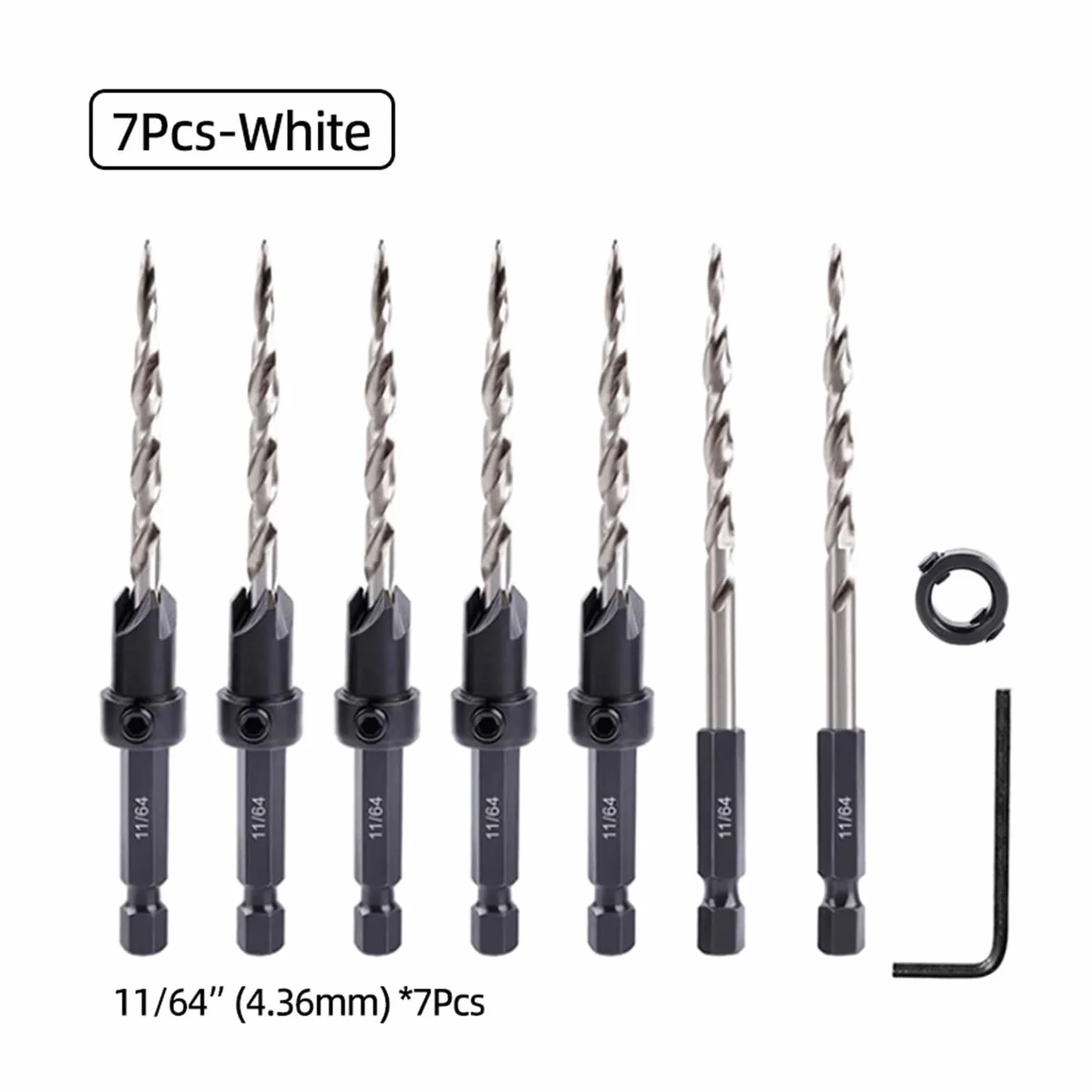 5pcs 7pcs High Speed Steel Tapered Countersink Drill Bit Set 1/4" Hex Shank Carpentry Reamer Stop Collars Screw Hole Drill Chamfer Woodworking Tools