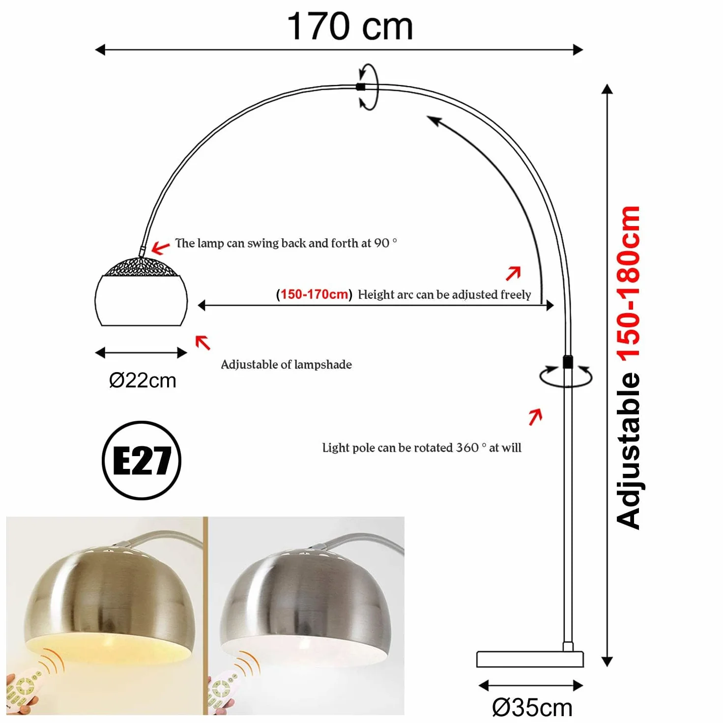 LANMOU Nowoczesna lampa łukowa, 12W ściemniana lampa podłogowa LED ze zdalnym sterowaniem, regulacja wysokości Lampa do salonu Oświetlenie wnętrza Lampa łukowa z okrągłą marmurową podstawą, E27