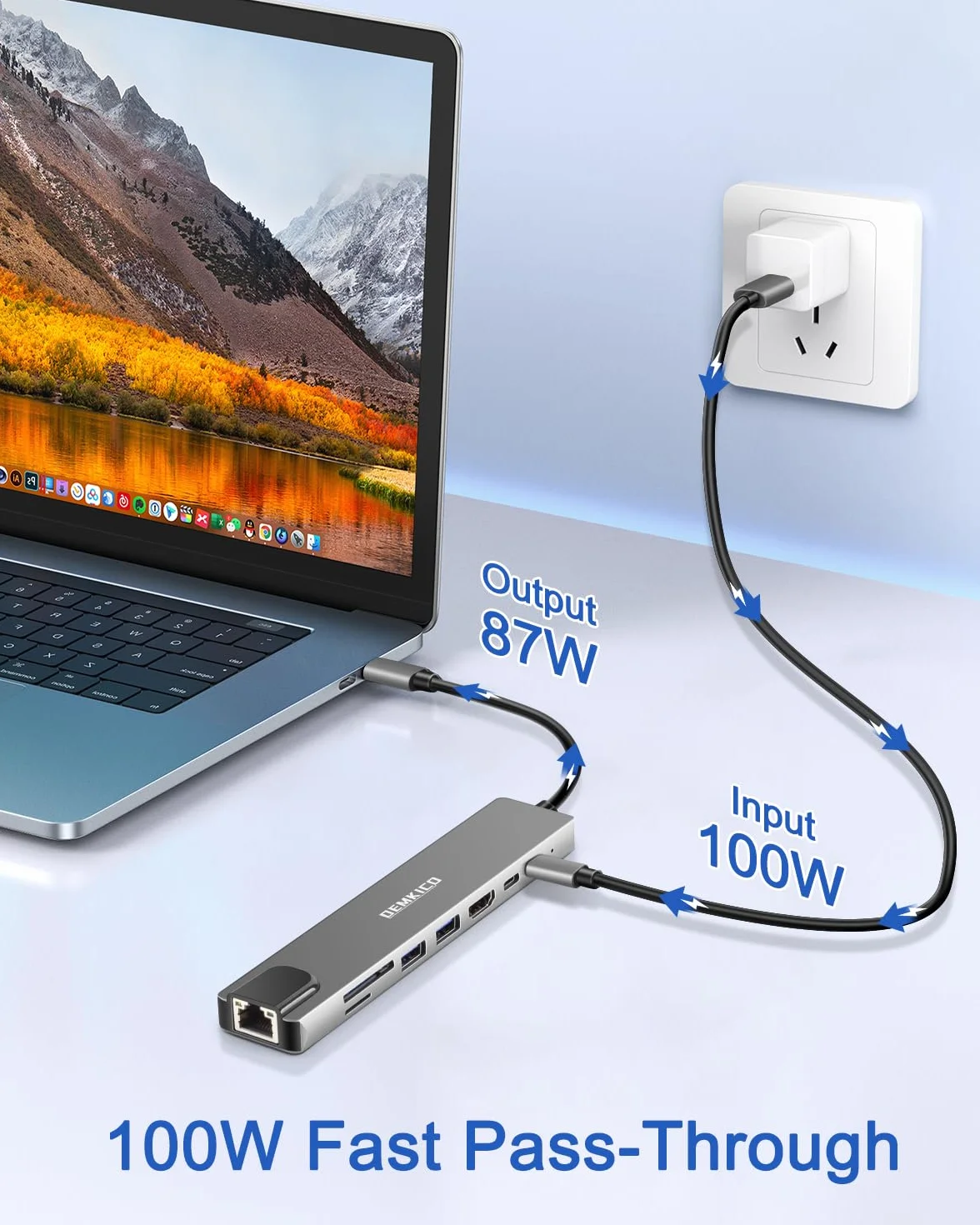 DEMKICO Adapter wieloportowy USB C Hub 8 w 1 Ethernet 4K HDMI czytnik kart SD/TF 2x USB USB C 100W
