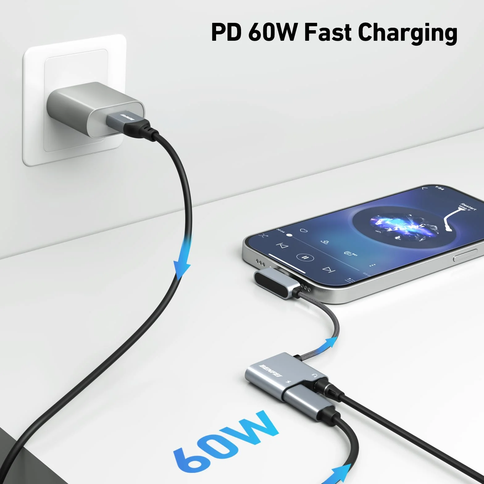 BENFEI Adapter USB C na Audio Jack 60 W, USB-C na 3,5 mm, kompatybilny z iPhone 15 Pro Max, Samsung Galaxy S24, iPad Pro