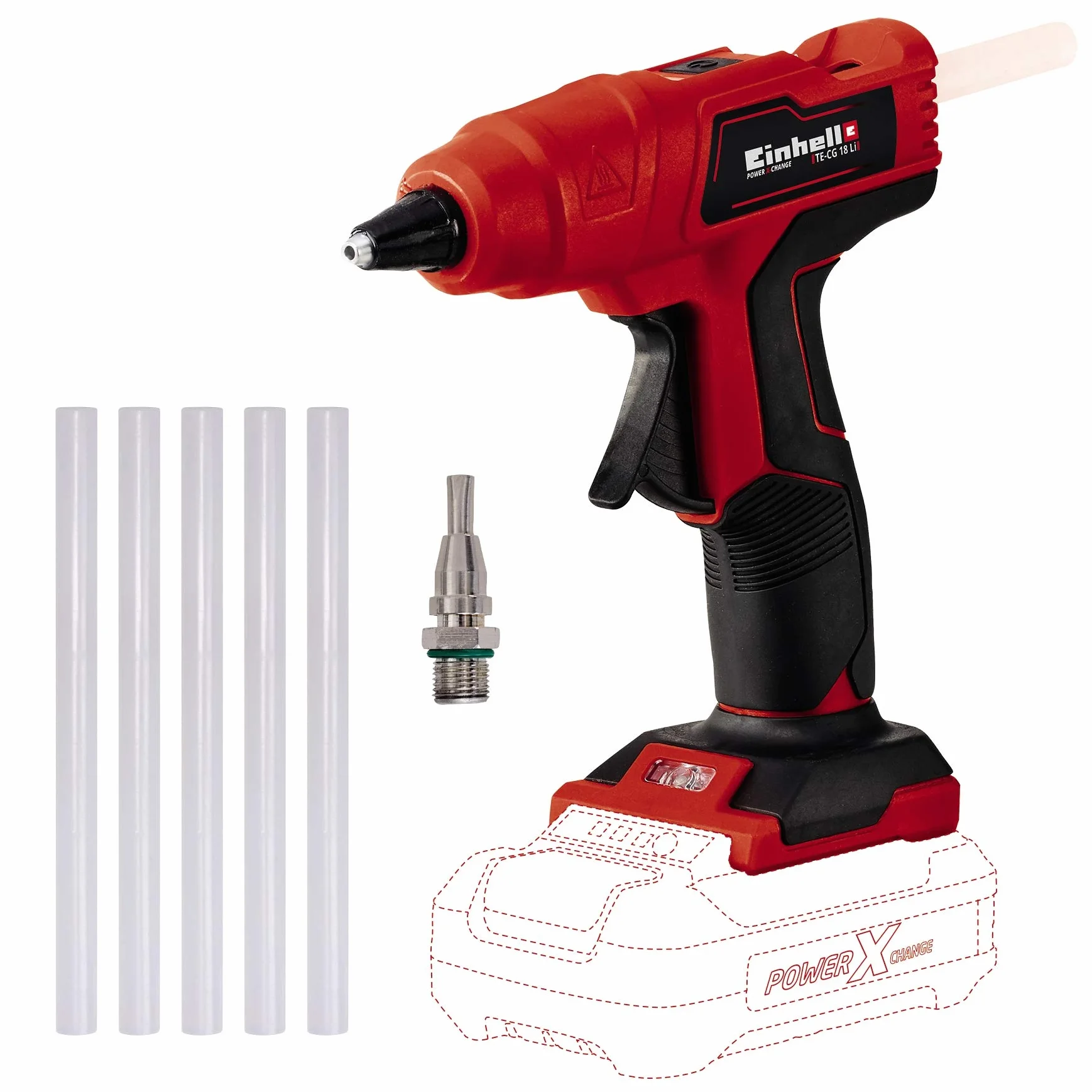 Einhell Akumulatorowy pistolet do klejenia na gorąco TE-CG 18 Li-Solo Power X-Change (Li-ion, 18 V, maks. 170°C, gotowy do użycia w 120 s, 5 sztyftów kleju, bez akumulatora i ładowarki)