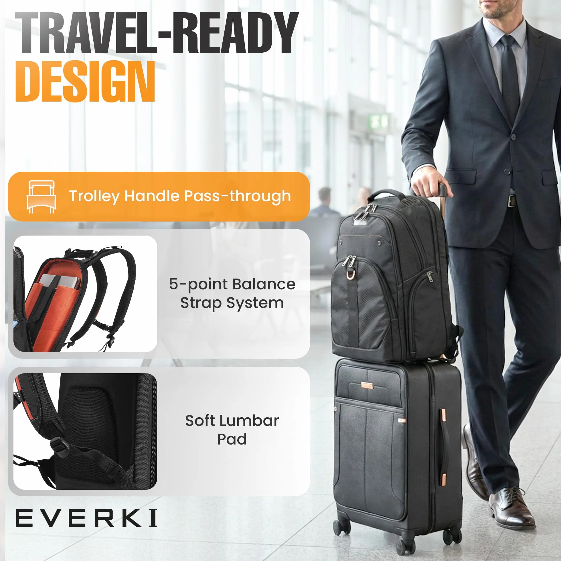 Everki Atlas biznesowy plecak na laptopa – plecak damski lub męski do pracy z regulowaną przegródką o przekątnej 28–39,6 cm, pojemność 29,5 l, przyjazny w podróży plecak biurowy, torba na laptopa