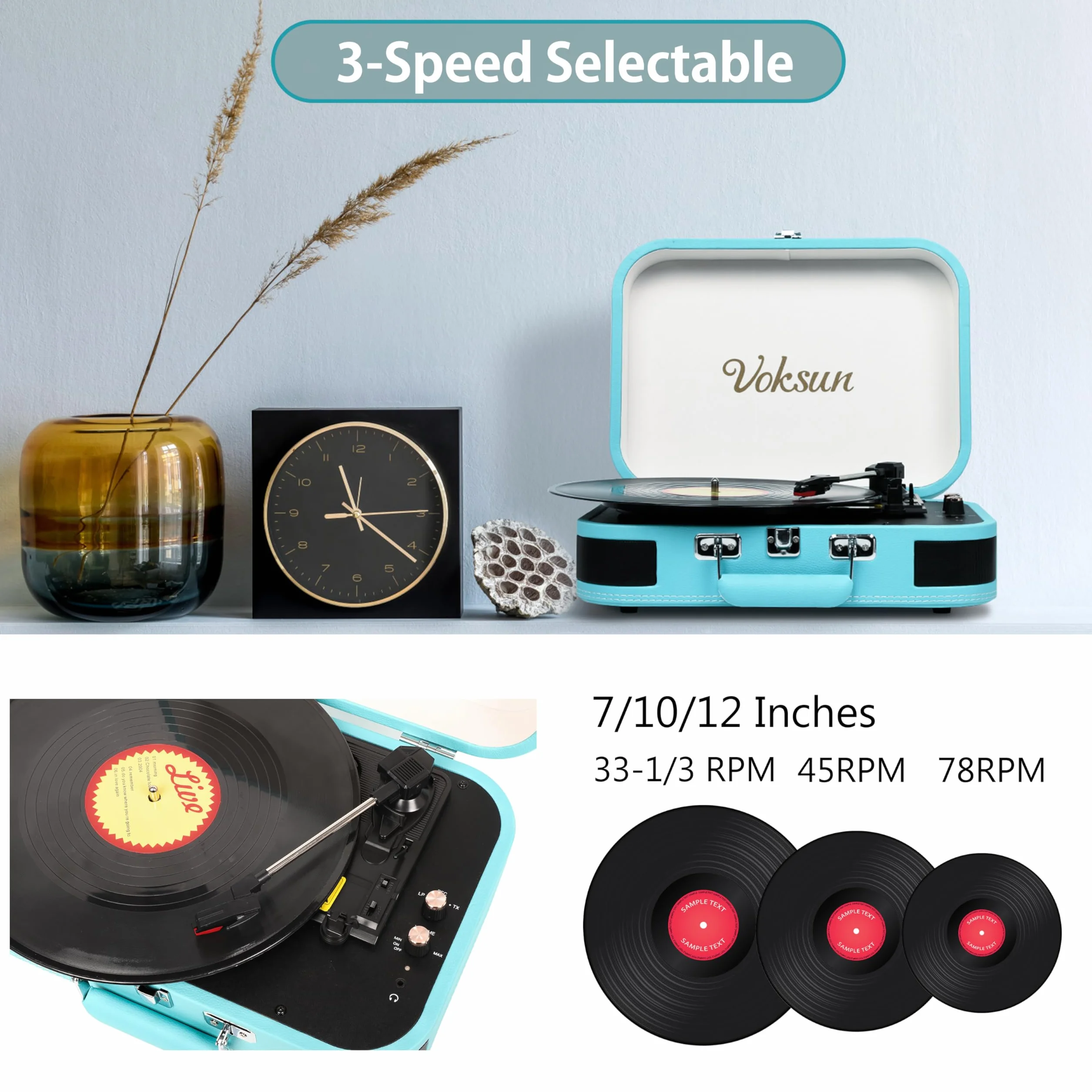 VOKSUN Przenośny Gramofon Vintage Bluetooth 3 Prędkości USB AUX RCA Niebieski