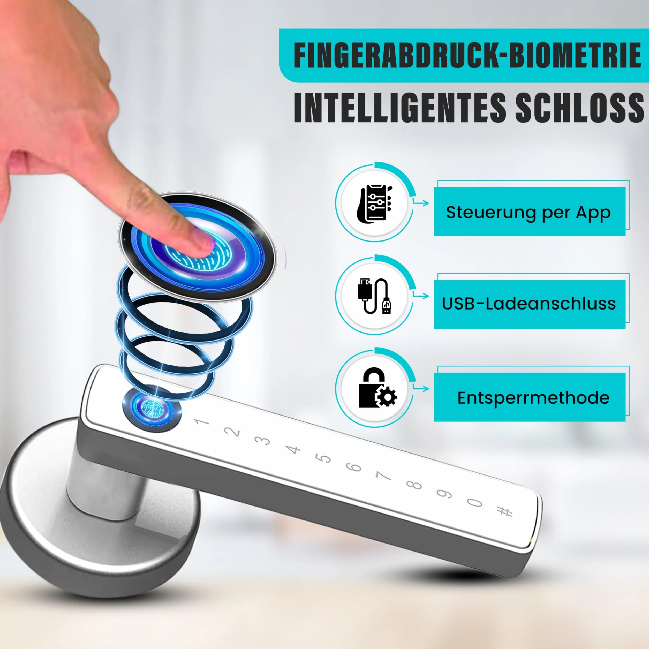 Zamek do drzwi z odciskiem palca, Smart Lock, elektroniczny zamek do drzwi wewnętrznych o grubości 35-55 mm, inteligentny zamek do drzwi, sterowany za pomocą aplikacji, z rozetą i 2 kartami