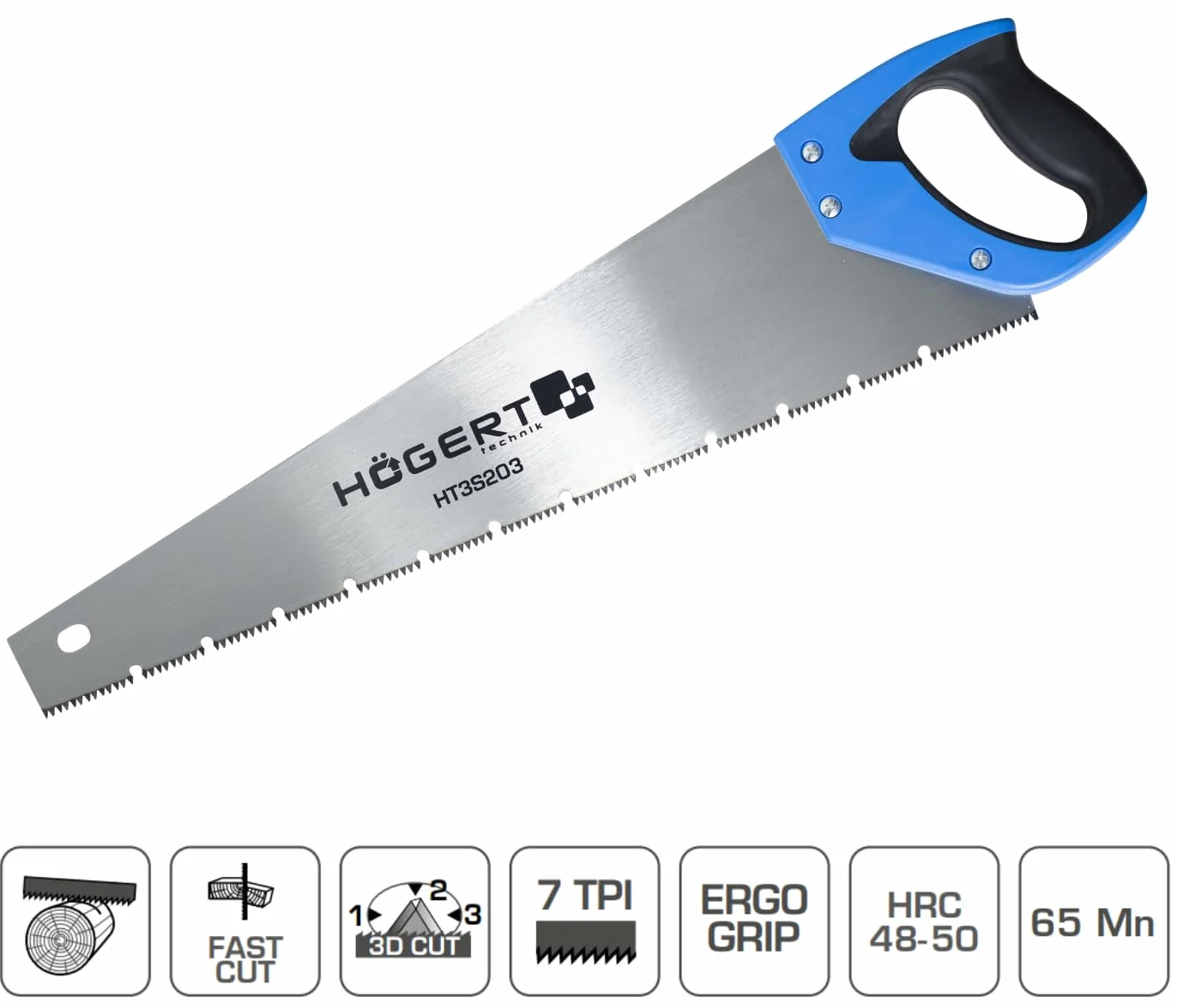 Högert Technik - Piła ręczna 450 mm – 7 TPI, 48-50 HRC – ręczna piła do cięcia drewna, płyt wiórowych i innych materiałów drewnopochodnych – piła