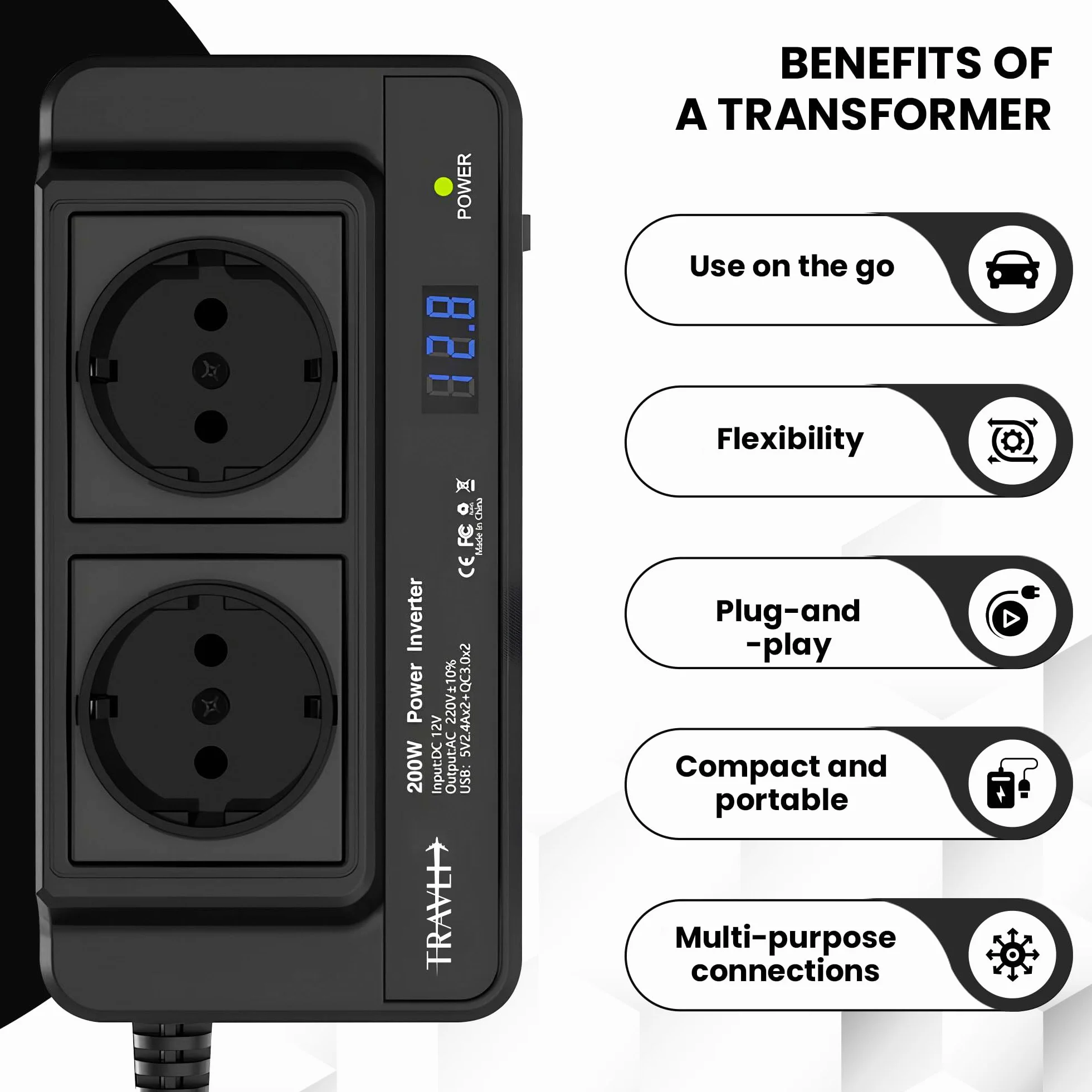 Przetwornica napięcia 12V 230V 2x gniazdo 230V 4x USB 5V