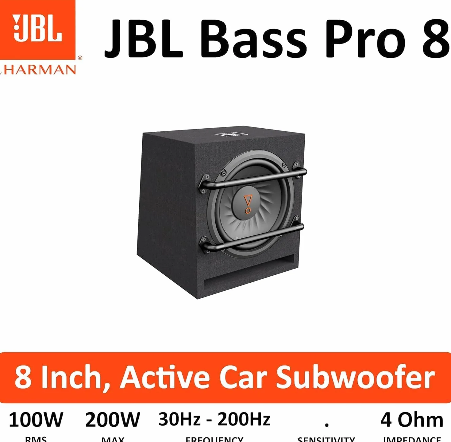 JBL BassPro 8 aktywnych subwooferów 8 cali (200 mm), 100 W RMS / 240 W szczyt, wbudowany wzmacniacz, bass reflex, wejścia RCA i wysoki poziom, wzmocnienie basów, pilot, kompaktowy i mocny