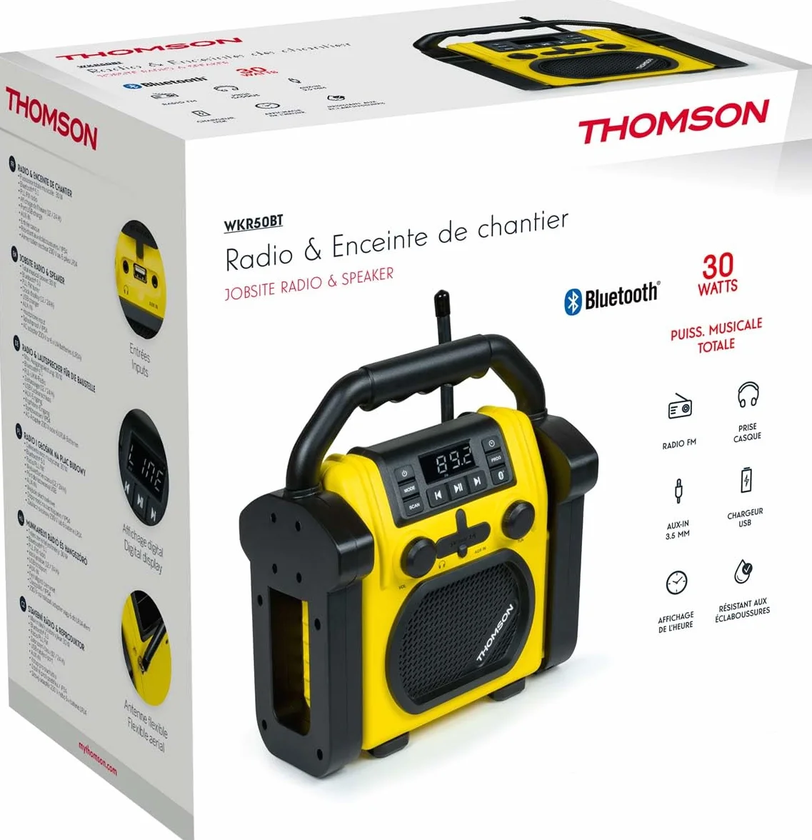 Thomson WKR50BT - Radio robocze z Bluetooth, Radio FM PLL, AUX-IN, gniazdo słuchawkowe, USB Odtwarzacz, 30W Musical, IPX54, zasilanie 230V Kabel lub 4 baterie LR14 (brak w zestawie)