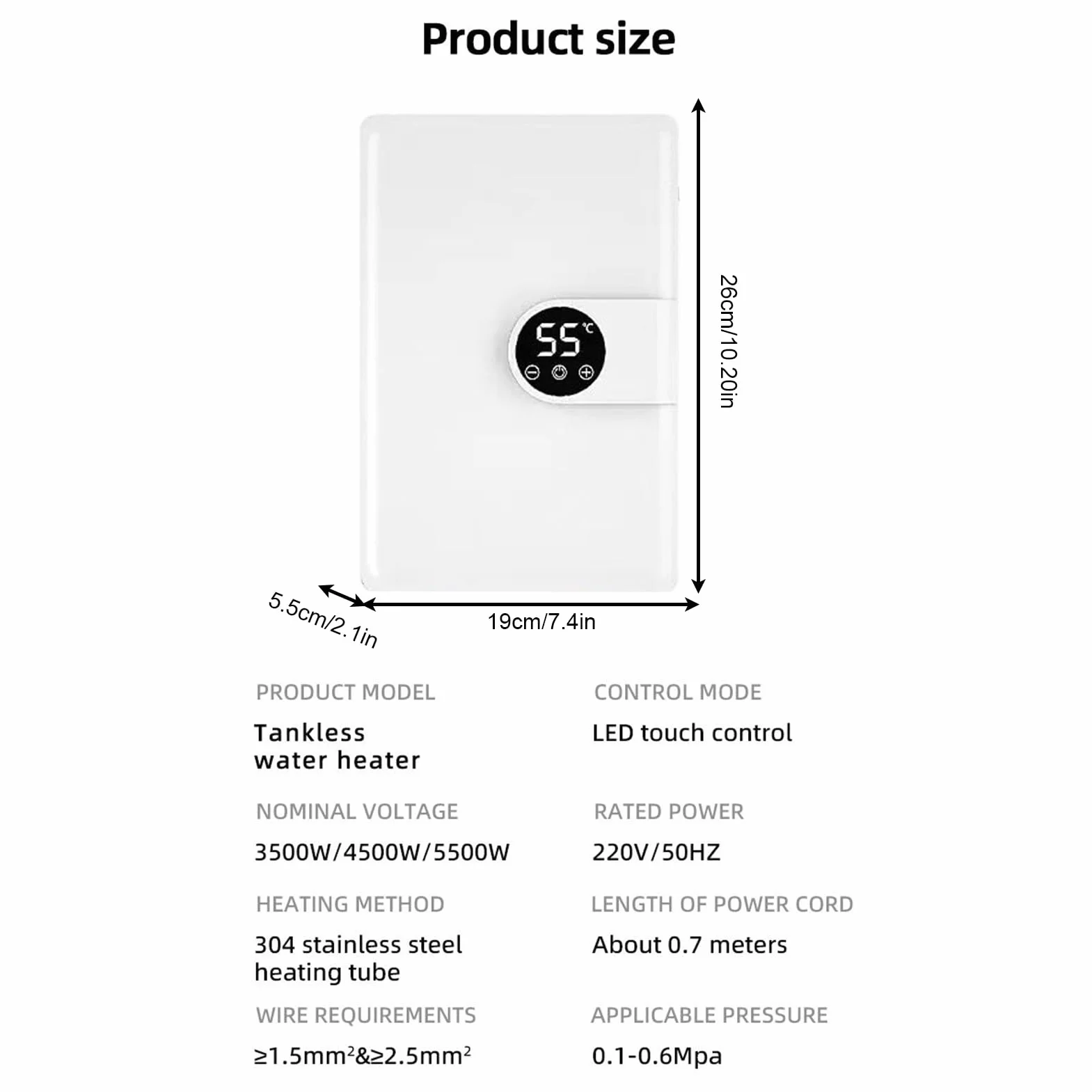 Smart Heat Shower – natychmiastowy podgrzewacz wody do łazienki | ABS / stal nierdzewna z dotykowym sterowaniem LED, konstrukcja bez zbiornika, regulowana temperatura, kompaktowy podgrzewacz do