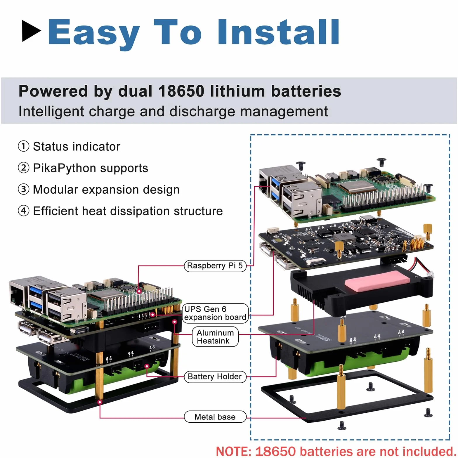 GeeekPi UPS Gen 6 Zasilacz Nieprzerwany HAT dla Raspberry Pi 5 4B Aluminiowy Odprowadzacz Ciepła