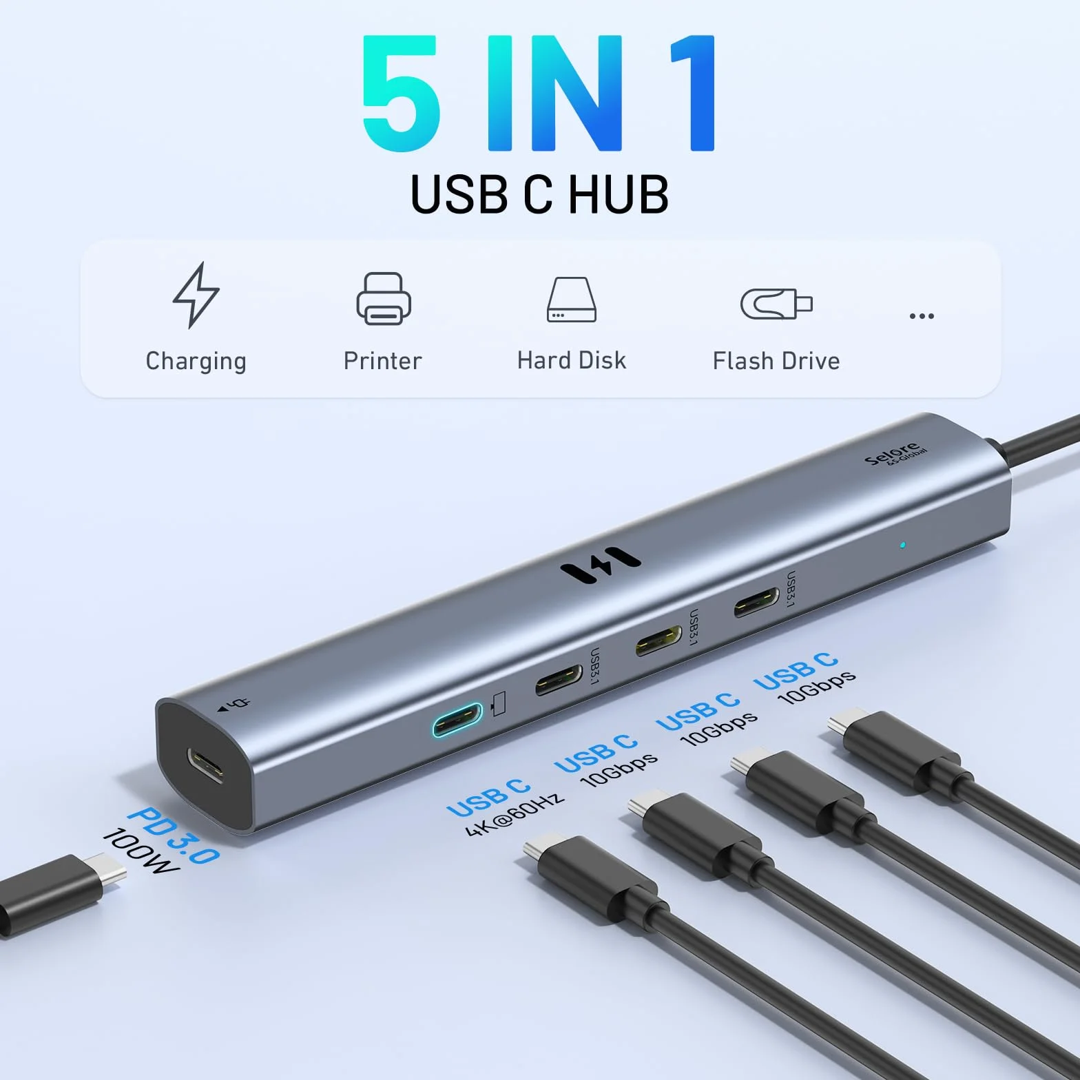 Koncentrator wideo USB C, typ C, 10 Gb/s, 5 w 1, koncentrator USB C, adapter z wyświetlaczem USB C 4K, 60 Hz i 10 Gb/s, 3 porty danych USB 3.1 Gen2, 100 W PD do MacBooka Pro/Air M2 M1, Dell, HP