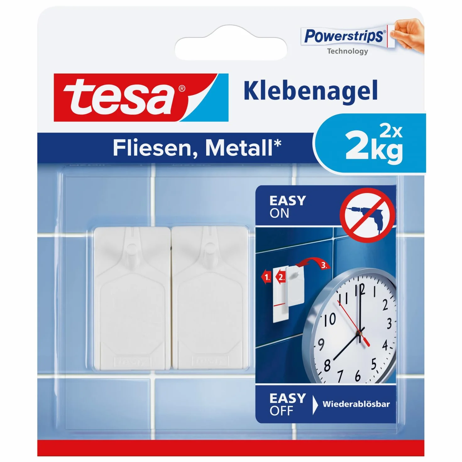 tesa Gwoździe samoprzylepne do płytek i metalu, zestaw 2 szt. – gwoździe samoprzylepne do gładkich i twardych powierzchni w łazience i kuchni, 2 kg siły trzymania – zdejmowane i wielokrotnego użytku –