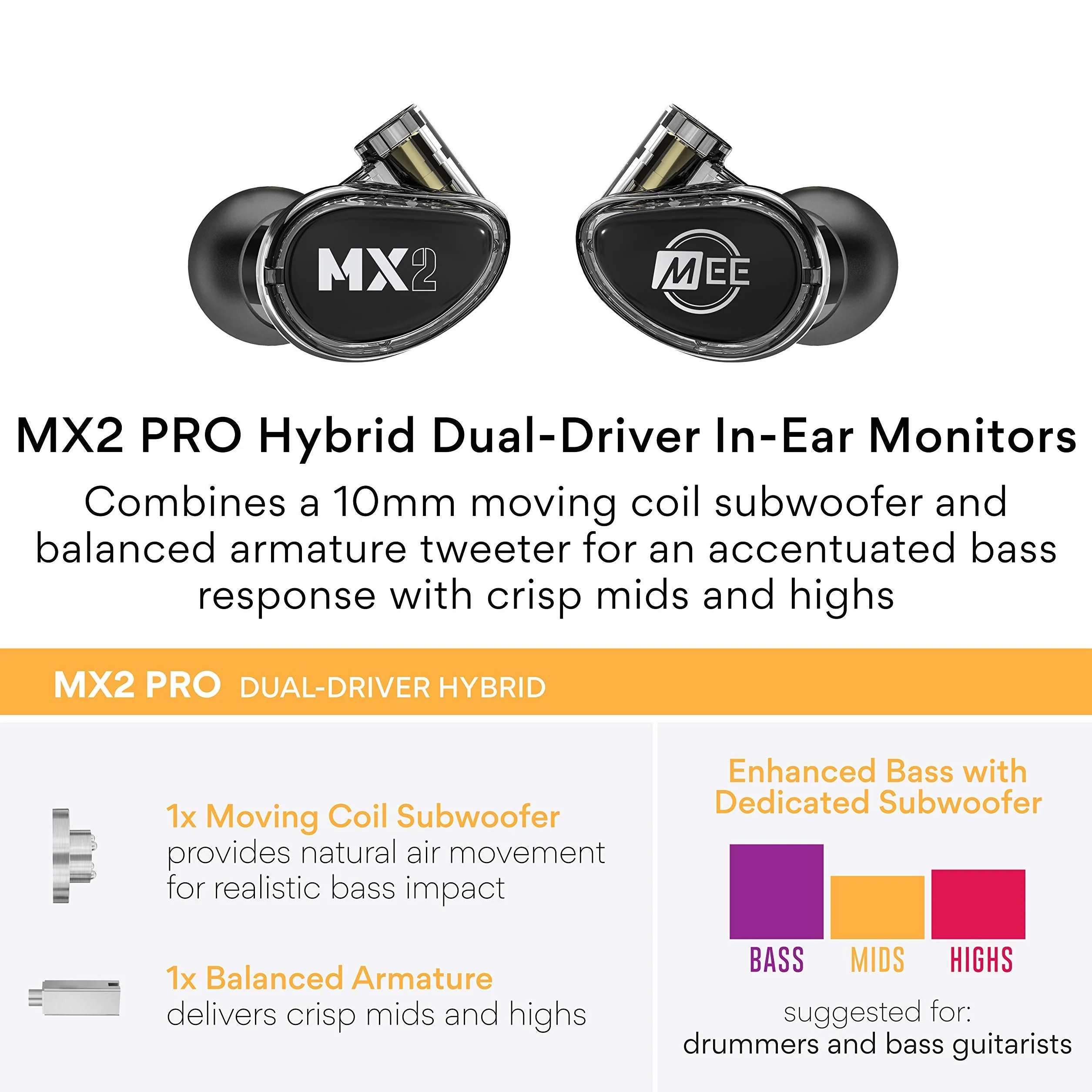 MEE audio MX2 Pro Hybrydowy podwójny sterownik modułowe monitory douszne dla muzyków