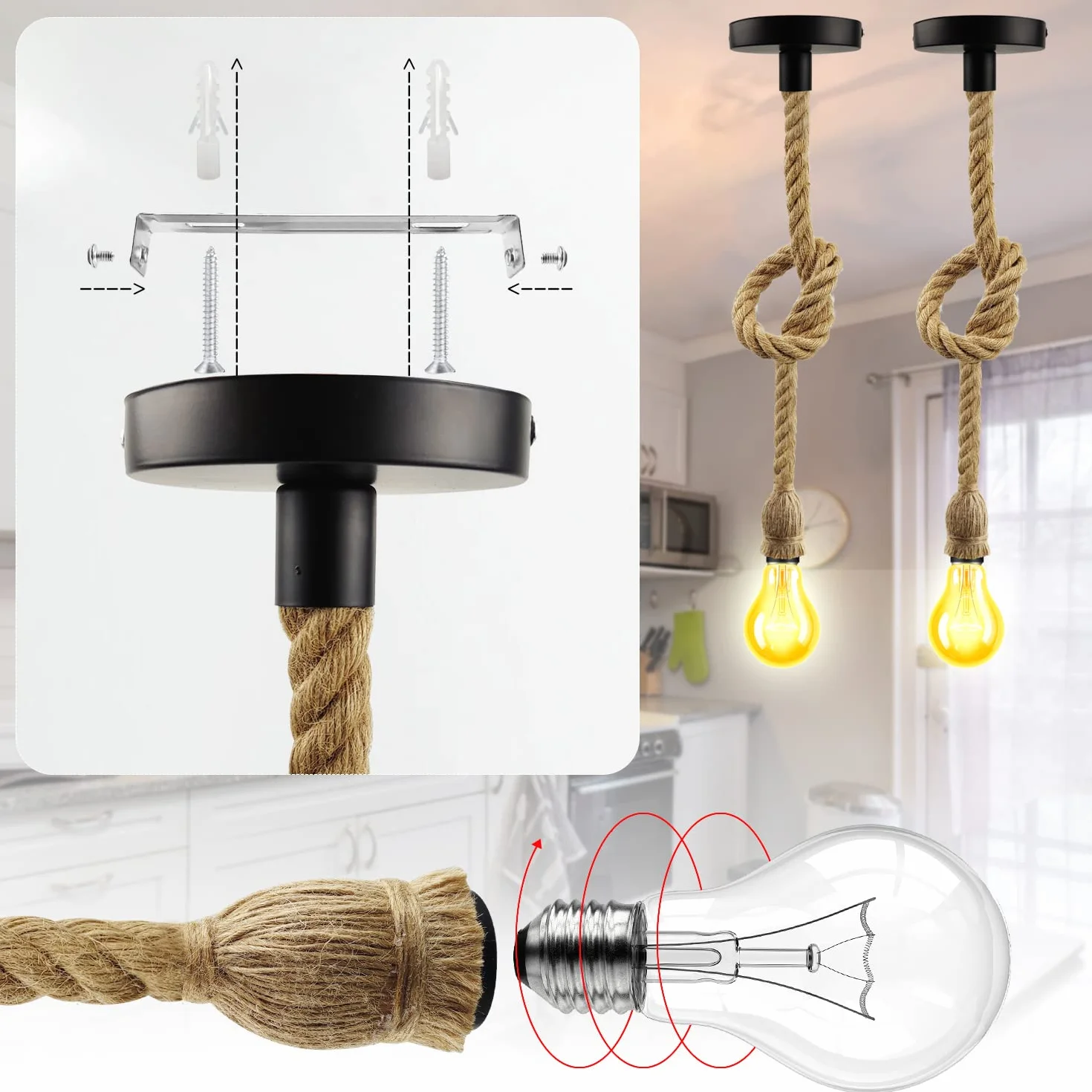Lampa w stylu retro, E27, z liną konopną, 100 cm, lina konopna, wiszące światło do kuchni, domu, kawiarni, baru, magazynu, gospodarstwa rolnego, oświetlenie sufitowe (bez żarówki)
