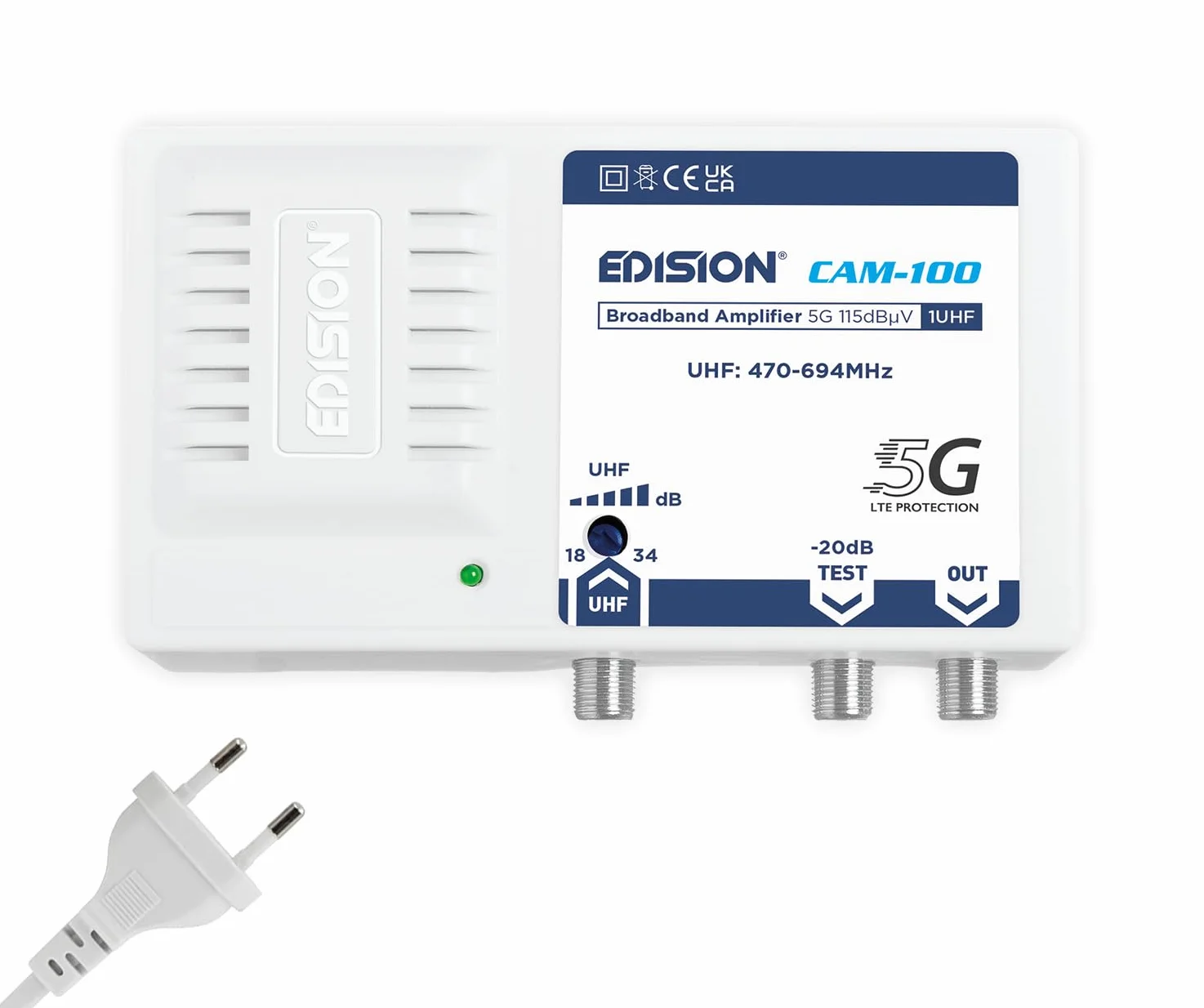 EDISION CAM-100 wzmacniacz szerokopasmowy 1UHF, regulacja 18-34 db, 115 dBmV, wzmacniacz antenowy odpowiedni do naziemnych DVB-T/T2, filtr 5G LTE, zakres częstotliwości UHF 470-694 MHz