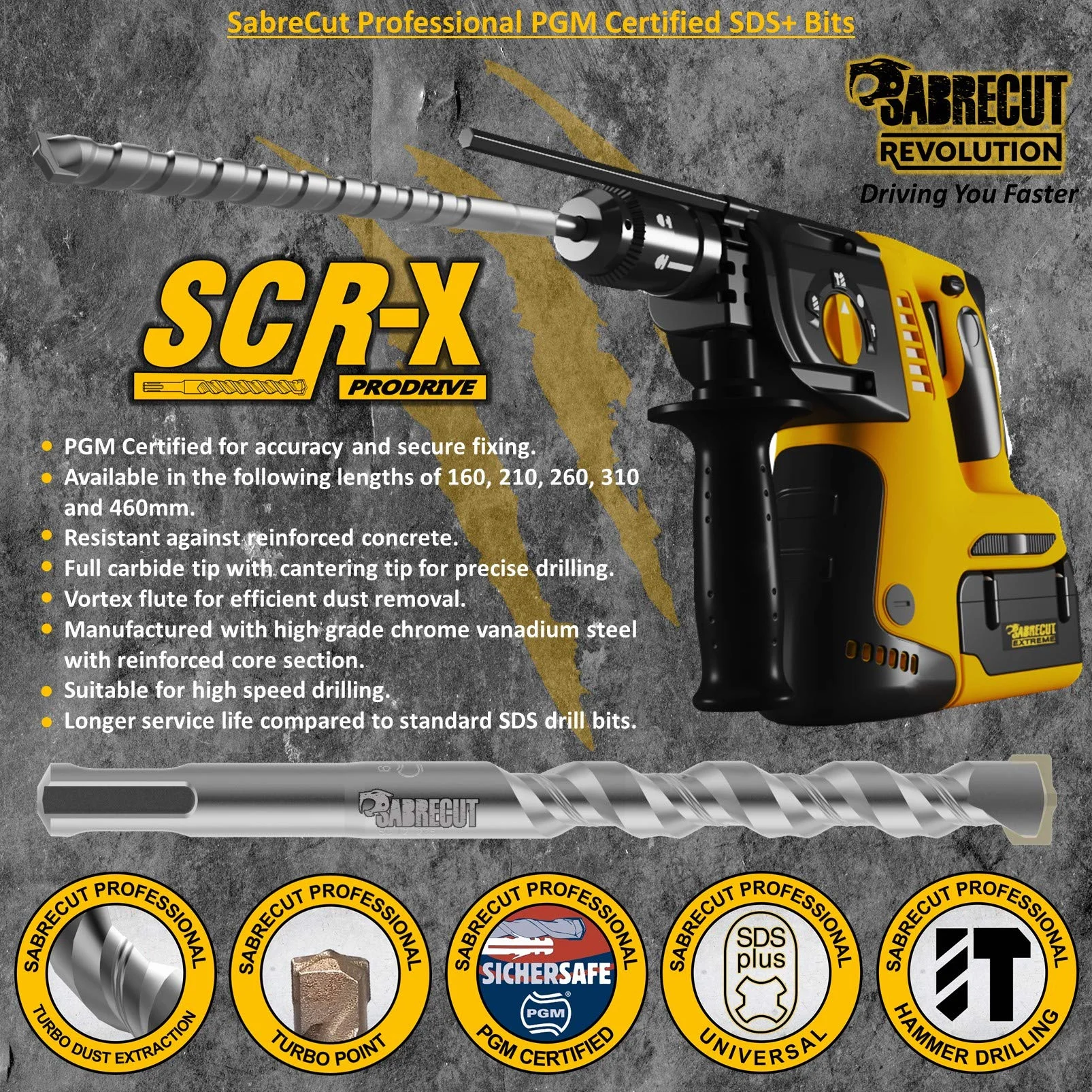 SabreCut 10pcs SDSE8_10 8mm x 460mm Wiertła cegła SDS Plus PGM | Końcówka węglikowa PGM i wzmocniony rdzeń CrV wiercą kamień, beton i cegłę z długą żywotnością