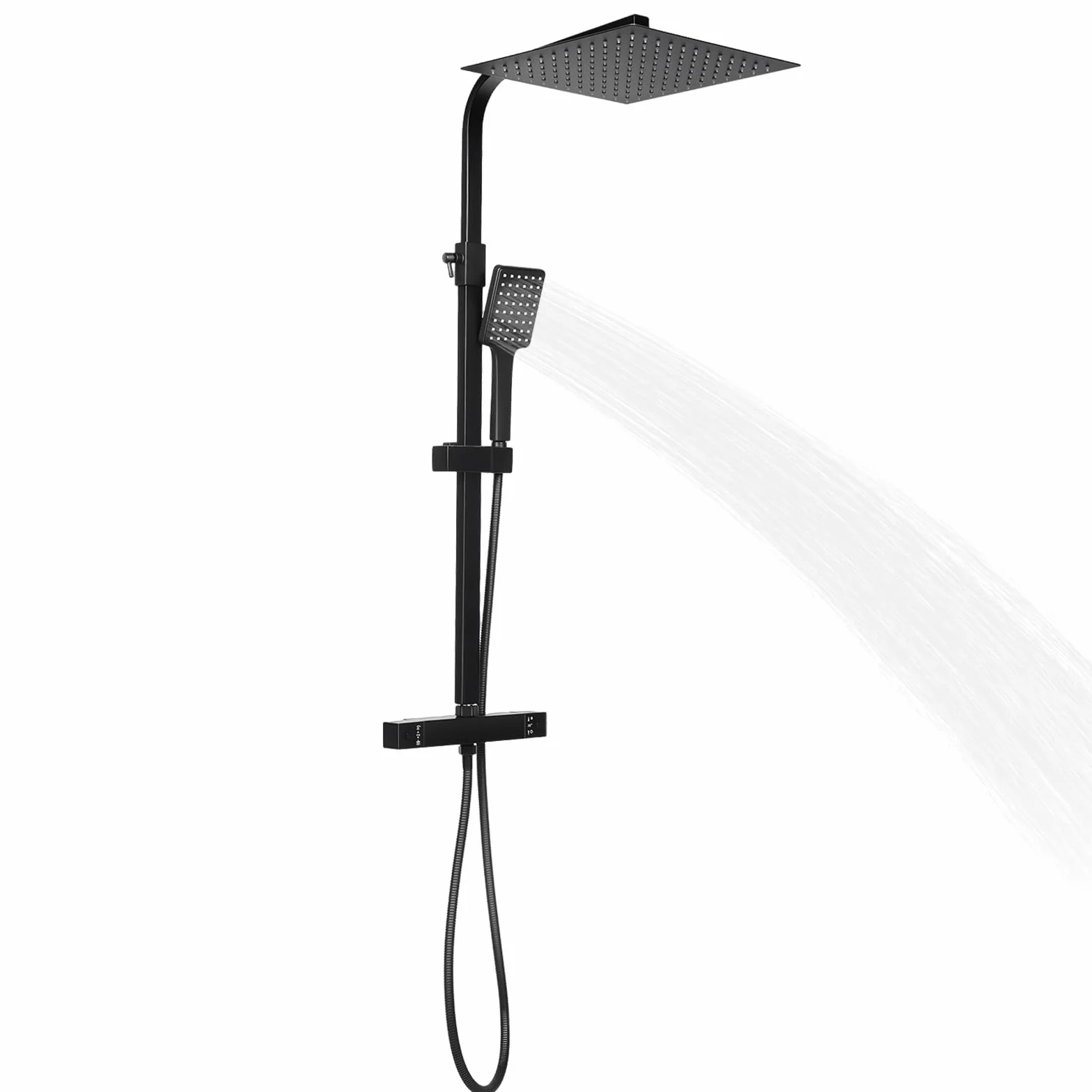 Termostat obracany o 360°, montaż ścienny, system prysznicowy, czarny, deszczownica 30 x 30 cm i słuchawka prysznicowa, ochrona przed oparzeniem 38°C, zawór ceramiczny, regulacja wysokości 70-105 cm