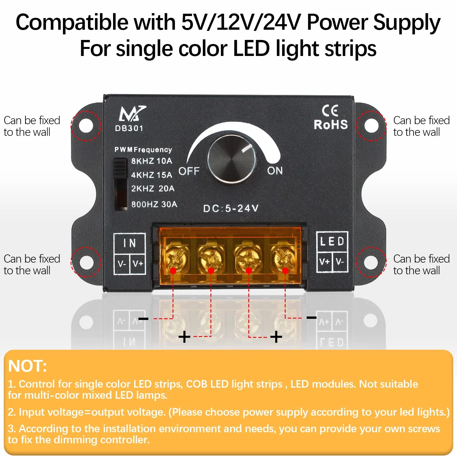 DC 5V/12V/24V 30A regulacja częstotliwości PWM regulacja ściemniania, monochromatyczny przycisk regulacji jasności paska LED, metalowy ściemniacz paska świetlnego LED (monochromatyczny)
