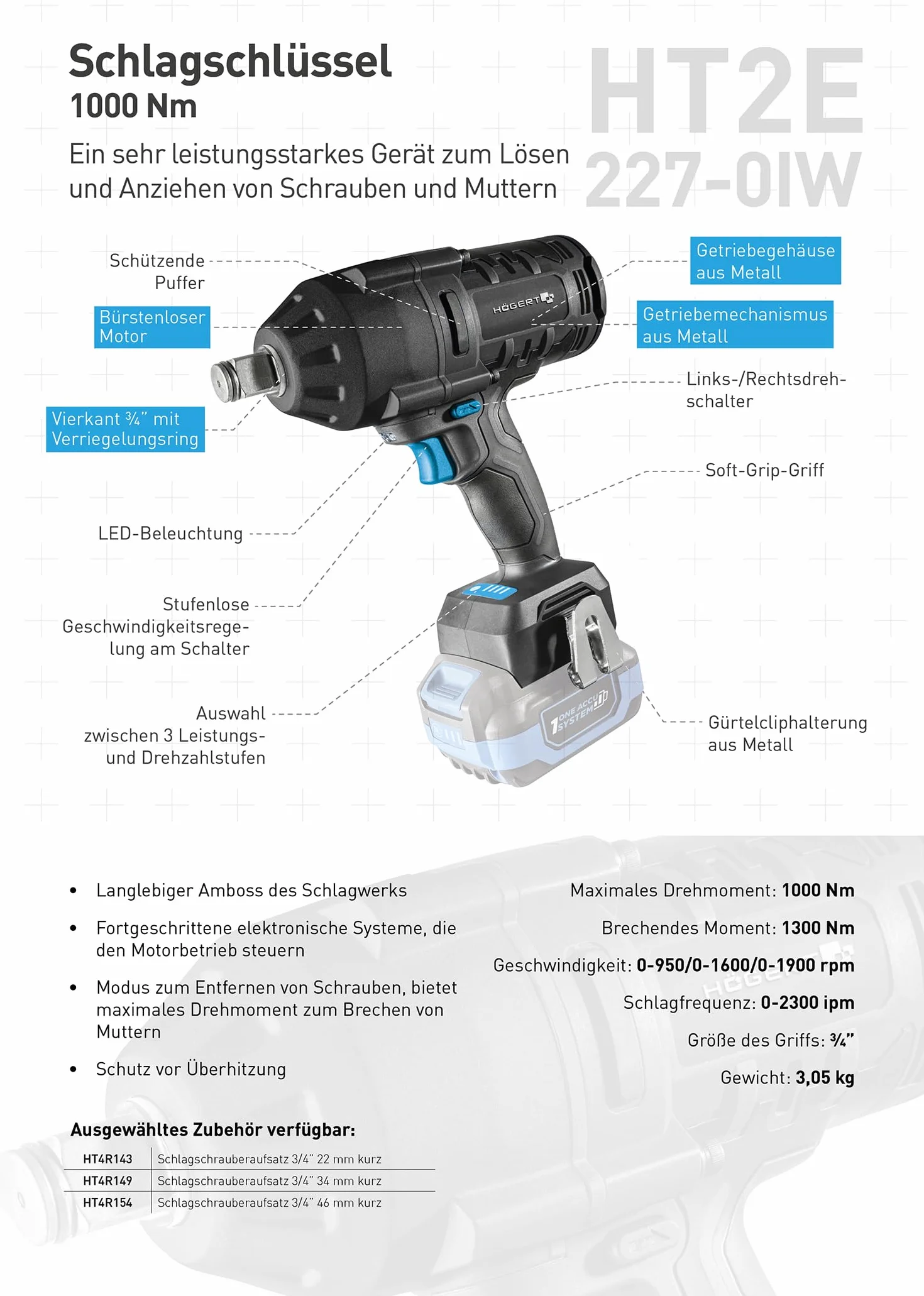 Högert Technik Bezprzewodowa bezszczotkowa wkrętarka udarowa 18 V, 1000 Nm, moment przerwania 1300 Nm, uchwyt czworokątny 3/4", oświetlenie LED, 3-stopniowa regulacja prędkości, bez akumulatora,