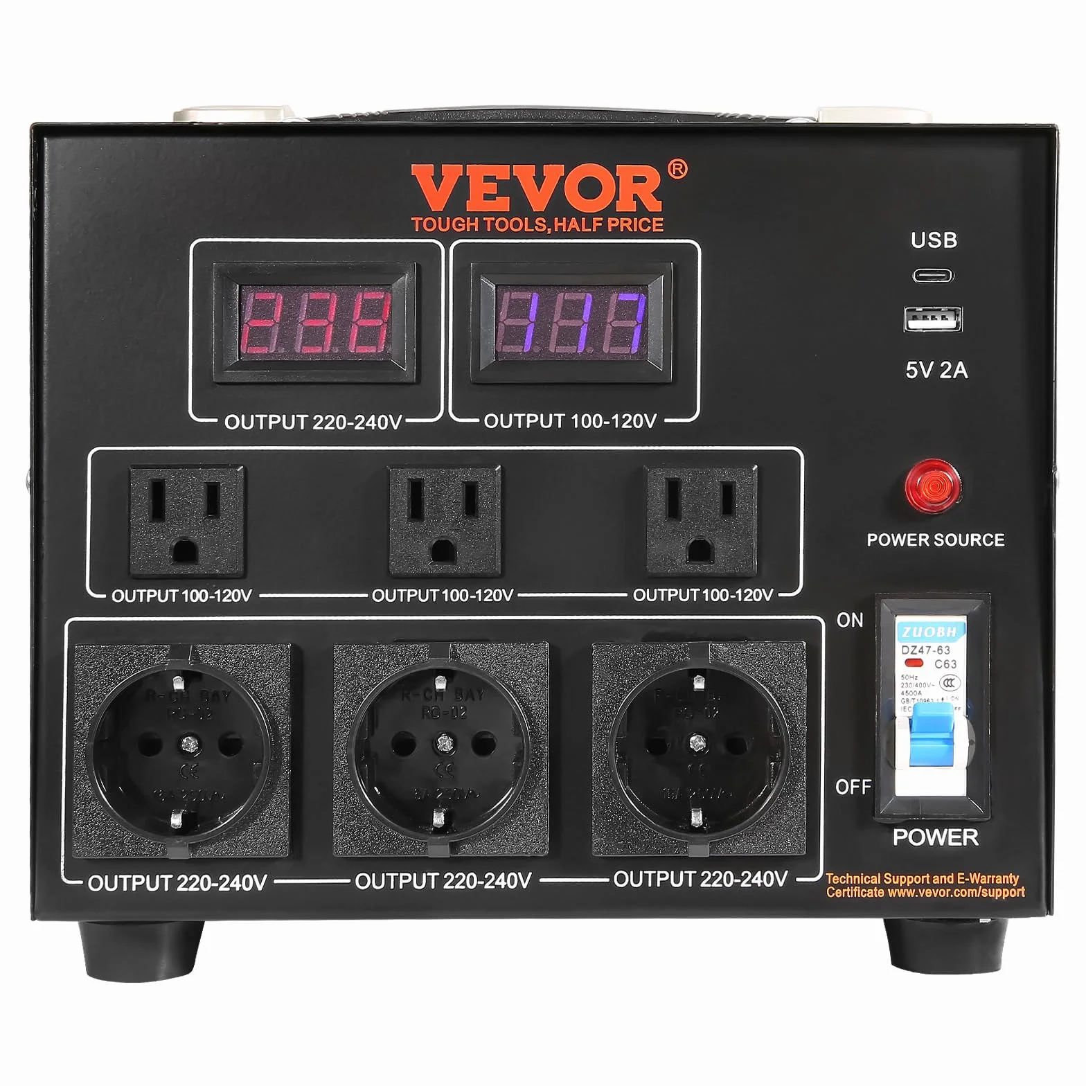 VEVOR Transformator napięcia 5000 W AC 110 V 220 V transformator 3 x US NEMA 5-15R 3-biegunowy / 3 x europejskie gniazda wyjściowe Shucko, 1 x złącze USB 5 V i 1 x gniazdo typu C