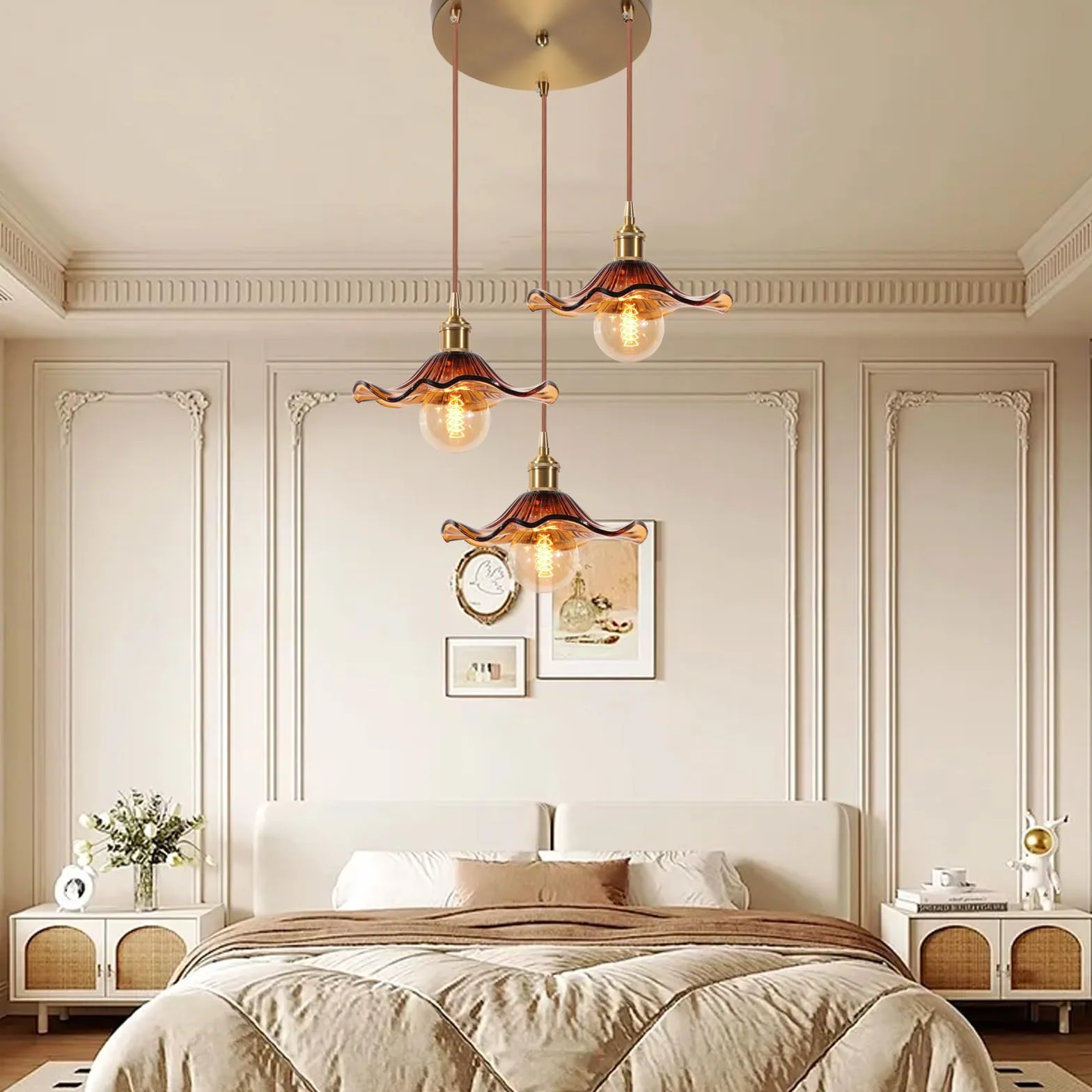 3 Lampy Wiszące ze Szklanego Bursztynu w Stylu Kwiatowym z Posrebrzanego Mosiądzu Nowoczesne Oświetlenie Sufitowe Art Déco Wewnętrzne Zawieszone Do Salonu, Jadalni, Sypialni, Kuchni