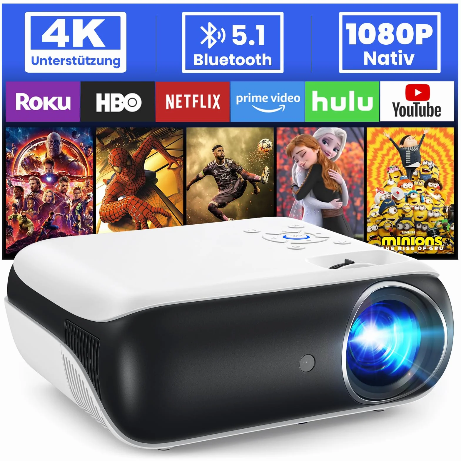 HOPVISION Projektor Full HD 1080P Bluetooth 4K Przenośny Mini Kino Domowe HDMI USB AV