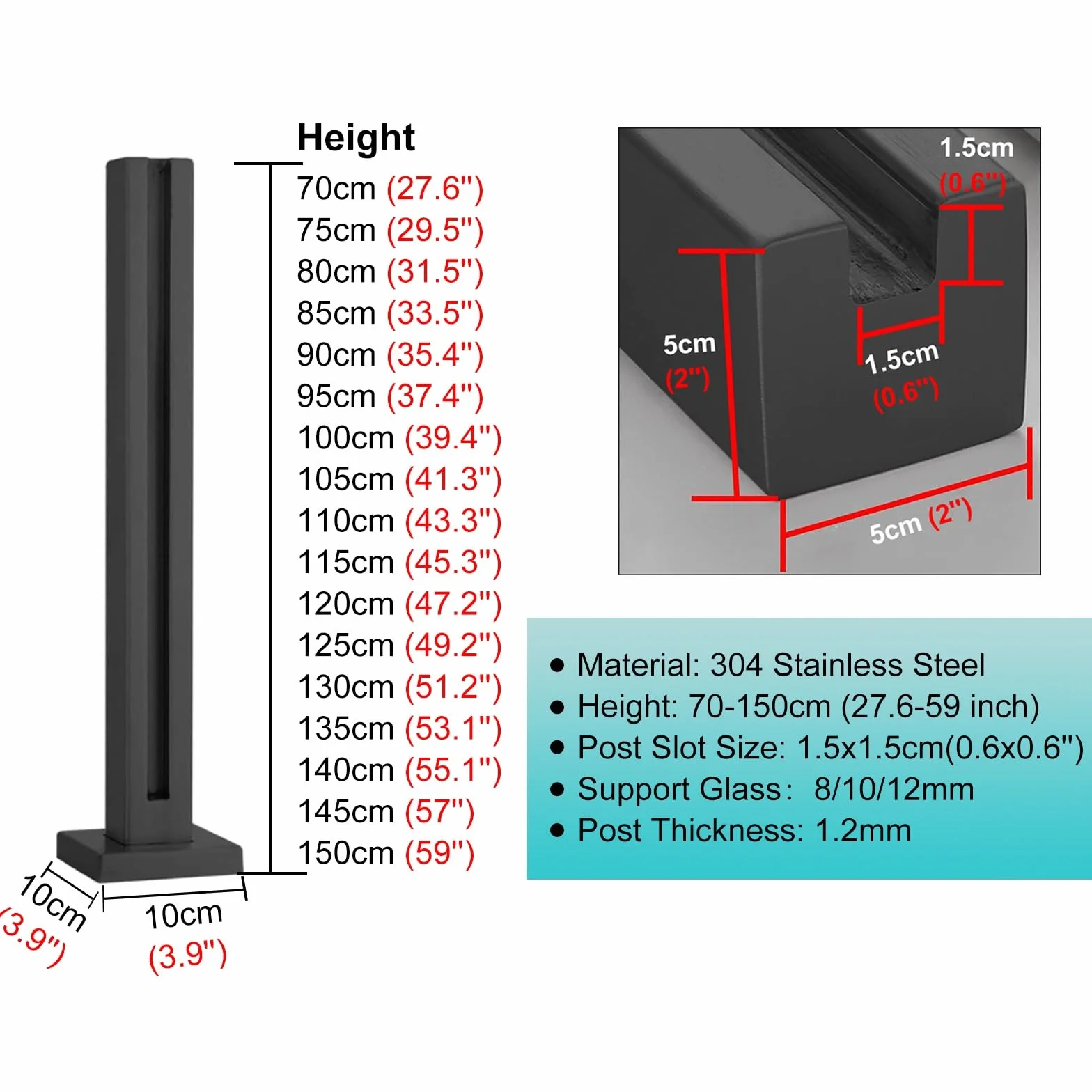 Kwadratowy słupek końcowy ze stali nierdzewnej do balustrady szklanej 100/115/130/150 cm, zestaw do balustrady schodowej, trwały i stylowy element wyposażenia domu