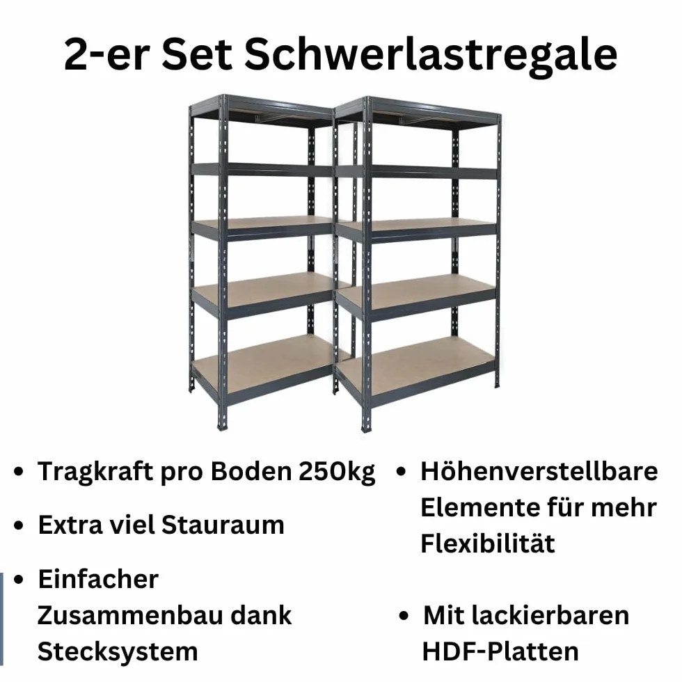 Zestaw 2 regałów do dużych obciążeń Rivet z płytą HDF 180 x 90 x 45 cm (wys. x szer. x gł.), 5 półek, 250 kg na półkę, szary antracytowy