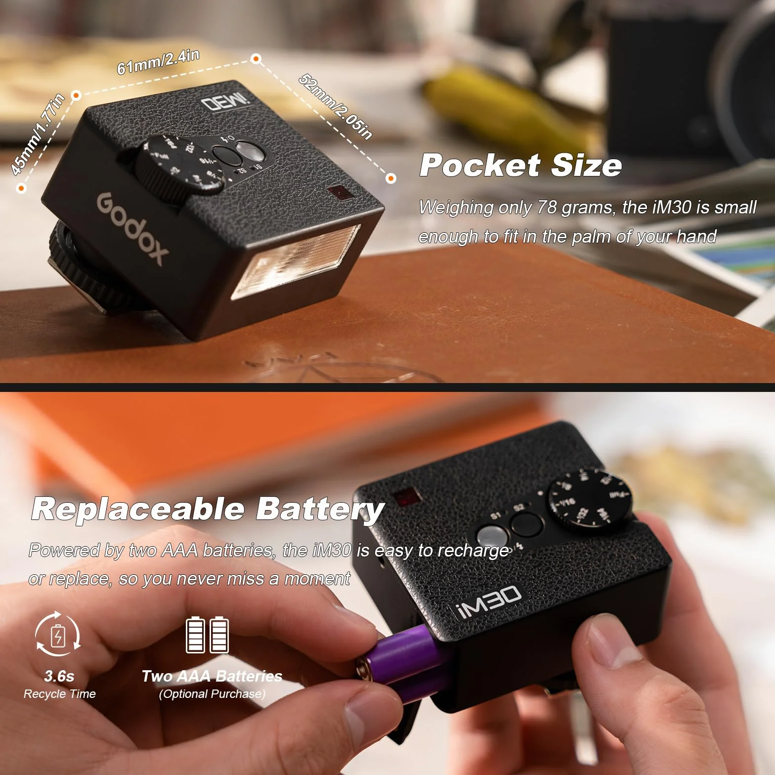 Godox IM30 Mini Flash Speedlite Ręczny S1/S2 Optyczne 7 Poziomów Mocy 6500K