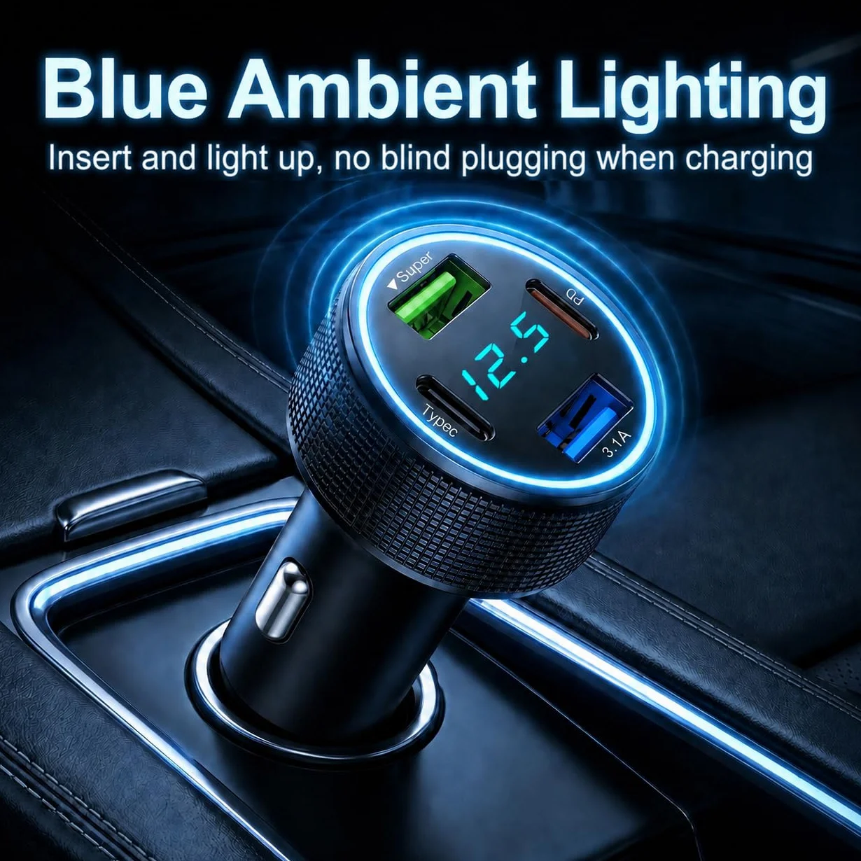 Ładowarka samochodowa 67,5W 4 porty USB C PD 30W USB A QC 22,5W z wyświetlaczem LED napięcia 12V/24V