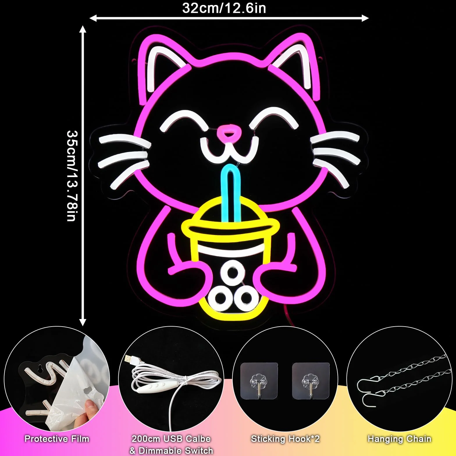 Drink Cat Neonowy znak Neonowy znak kota do dekoracji ściennych Neonowa lampa ścienna USB dla zwierząt Znak LED dla baru Restauracja Salon Klub Sklep Biznes Boba Tea Party Sklep z napojami