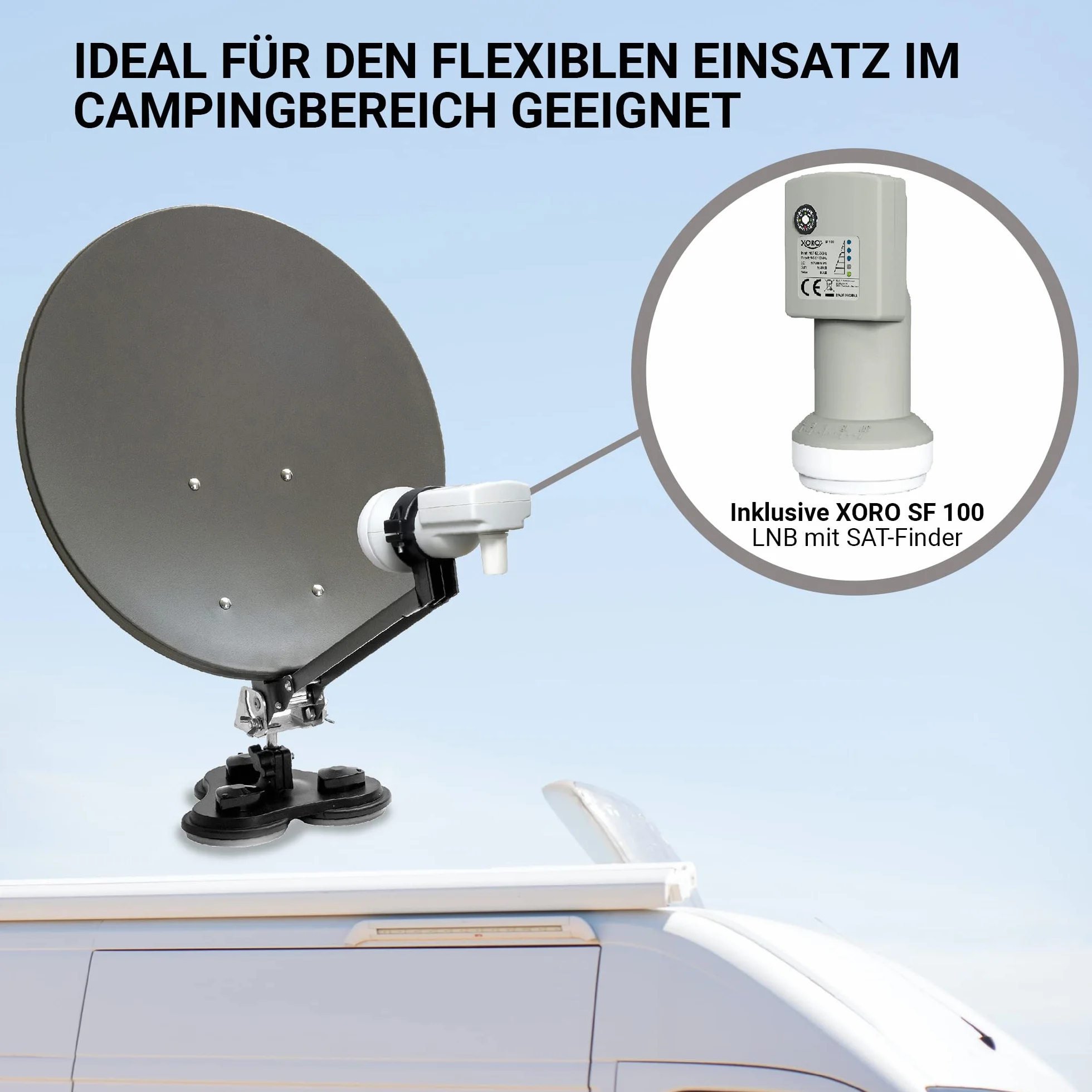 XORO 38,5 cm kempingowa antena satelitarna MCA 38 HD, w zestawie odbiornik DVB-S2 FullHD, pojedynczy LNB ze zintegrowanym satfinderem, kablem 10 m, uchwytami, w twardej obudowie