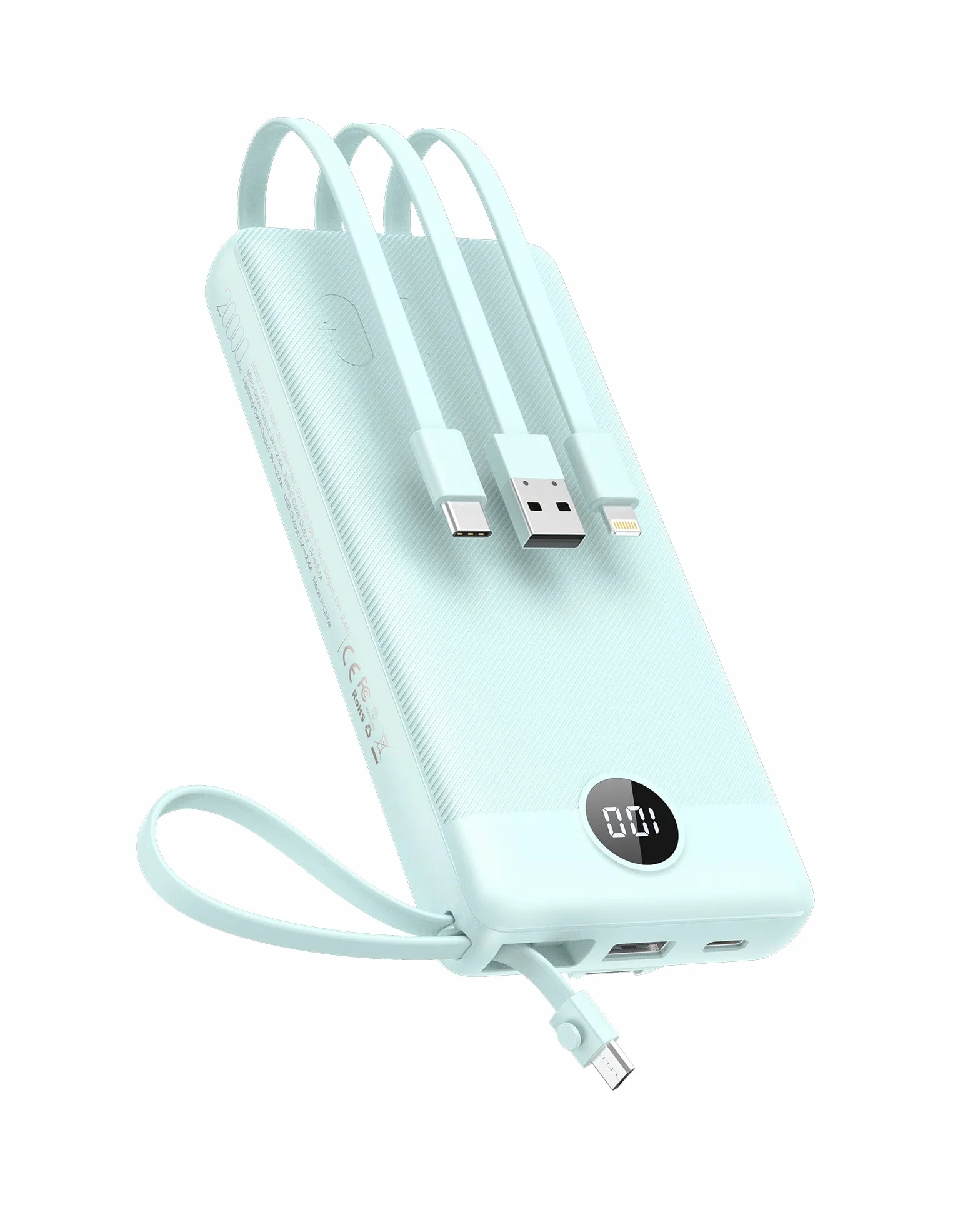 Power Bank 20000mAh z Wbudowanymi Kablami USB C 2.4A Fast Charge 5 Wyjść Przenośna Ładowarka