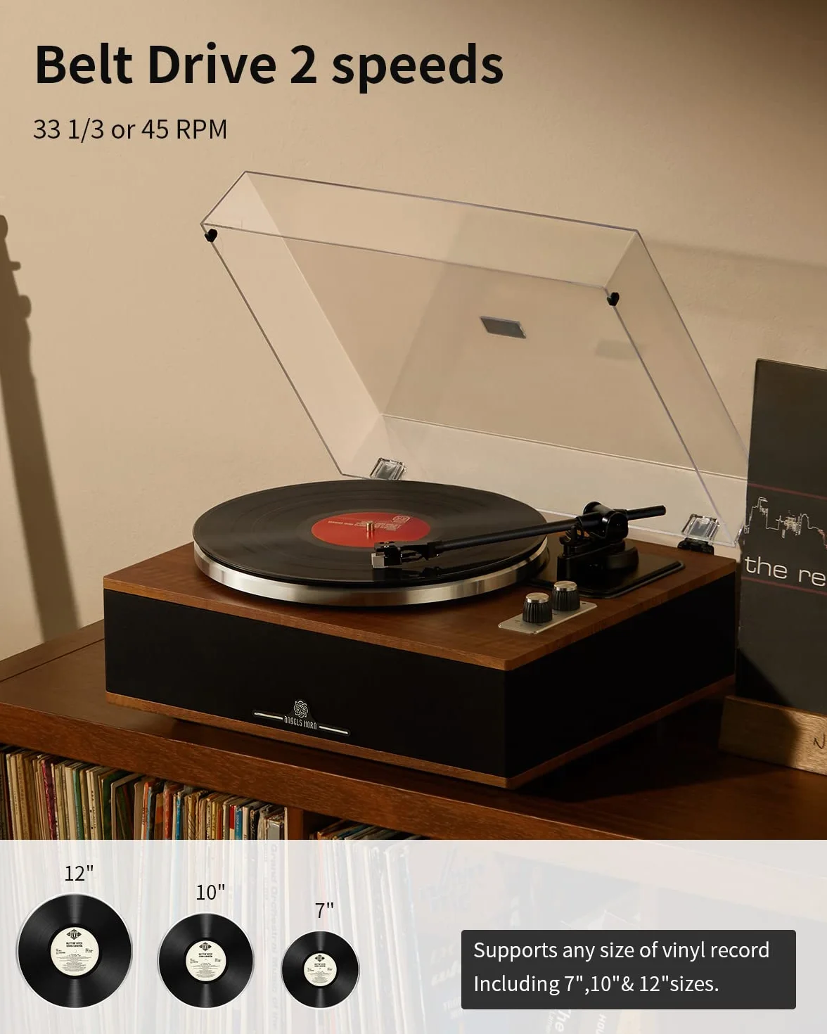 Gramofon ANGELS HORN z wbudowanymi głośnikami Bluetooth HiFi, przedwzmacniacz fonograficzny 33/45 obr./min, głowica AT-3600L