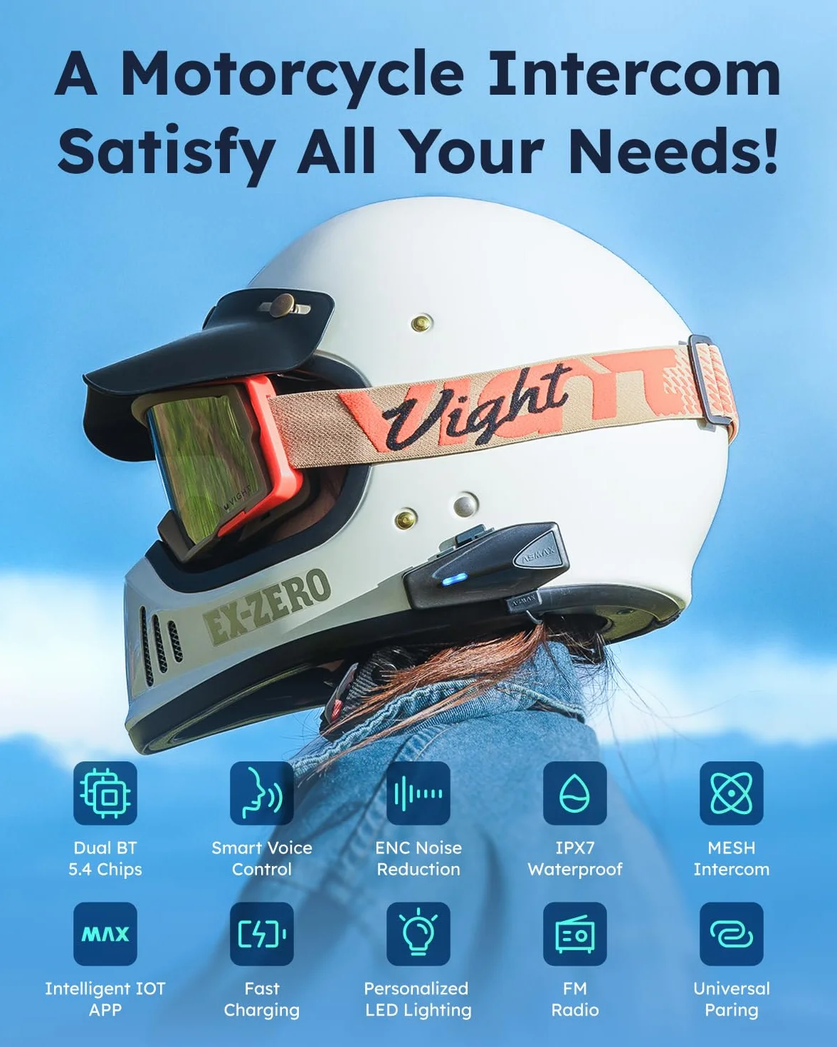 ASMAX S1 Kask Motocyklowy Bluetooth z Inteligentną Kontrolą Głosową, Systemy Komunikacyjne Mesh, Anulowanie Szumów/Odporny na Wodę/Radio FM/Aktualizacja FOTA, Zestaw Słuchawkowy Interkom dla 8