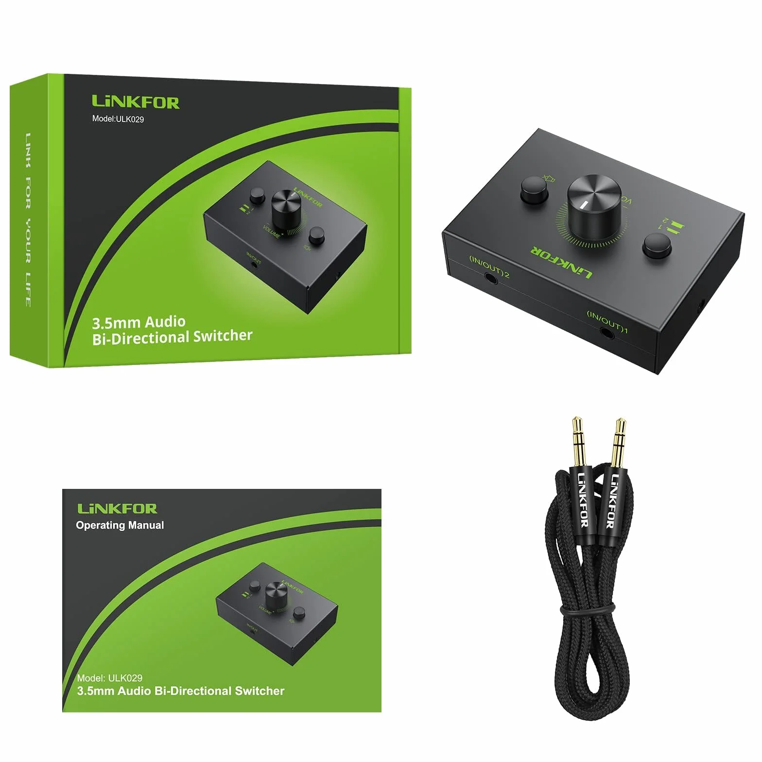 LiNKFOR Przełącznik audio stereo 3,5 mm - 1 w 2 lub 2 w 1 wyjście z kablem audio 3,5 mm, selektor audio do komputera, telefonu, laptopa i słuchawki