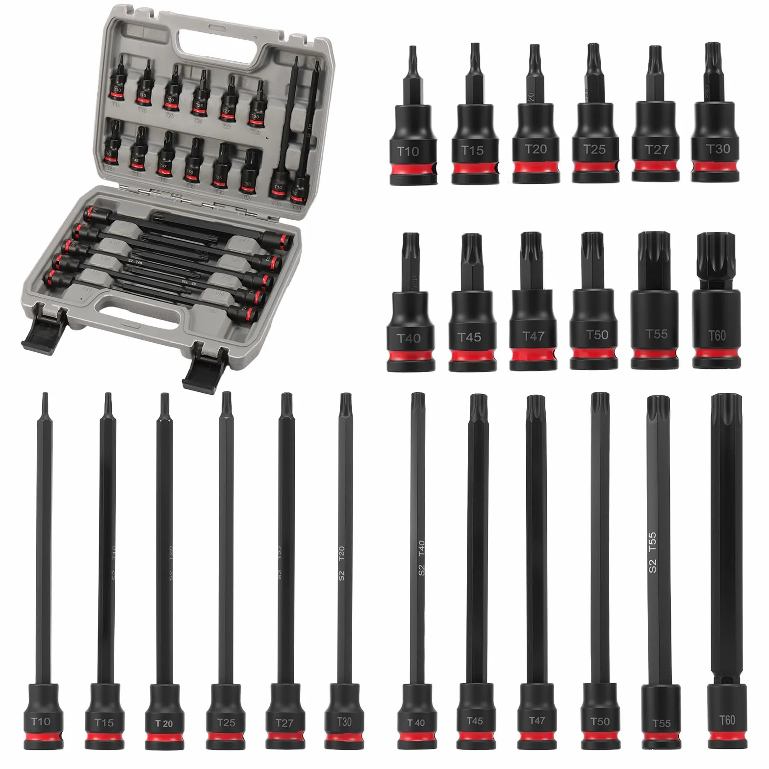 24-częściowy zestaw bitów Torx z napędem 3/8", T10 do T60, łatwo dostępny, odporny na uderzenia, zestaw tulejek Torx do profesjonalnych projektów, konserwacji mechanicznej, ciężkich zadań