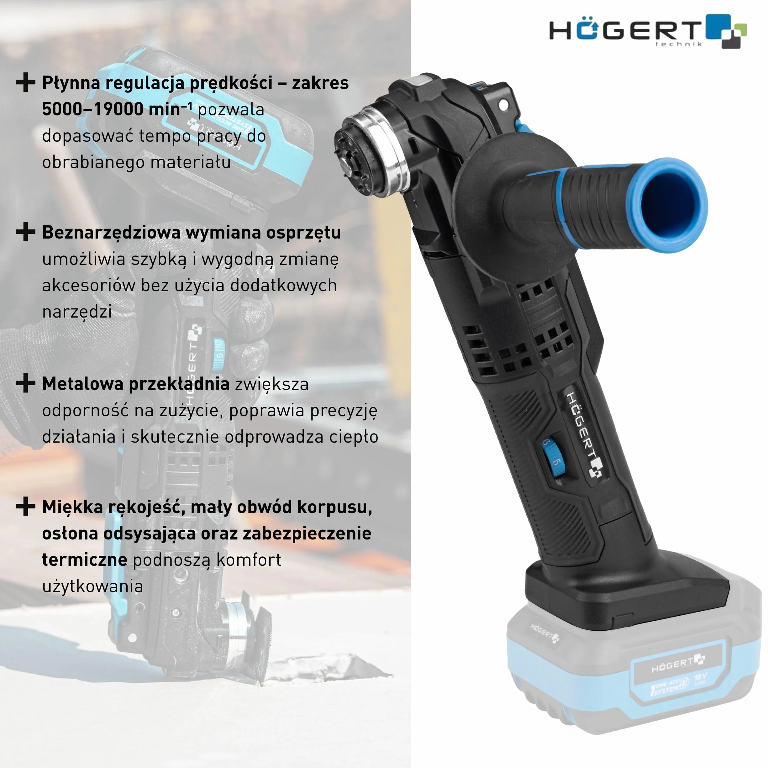 HÖGERT TECHNIK Wielofunkcyjne narzędzie akumulatorowe, 18 V, 5000-19000 min¹, oscylacja 3°, LED, bezstopniowa regulacja prędkości obrotowej, miękki uchwyt, w zestawie akcesoria, bez akumulatora