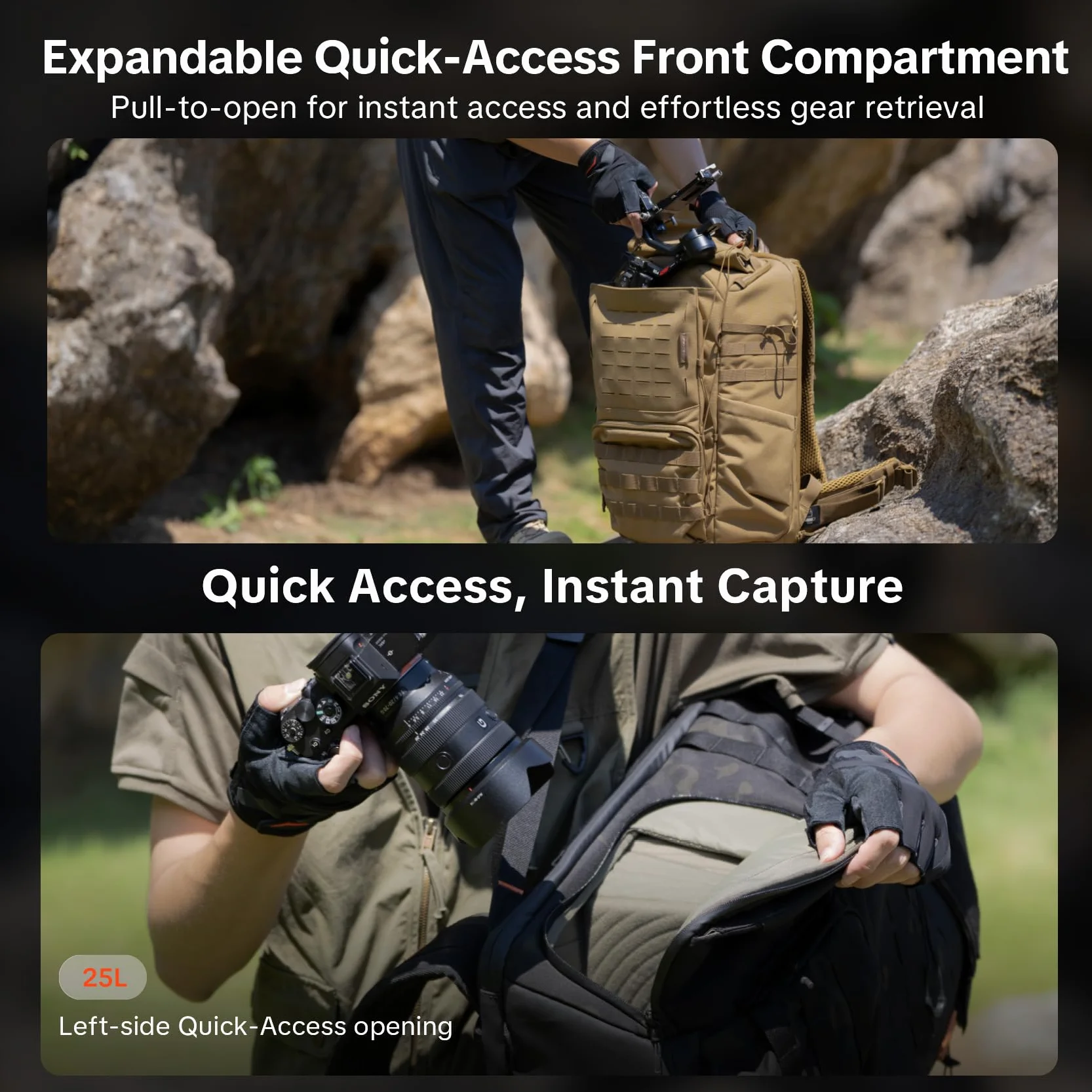 PGYTECH OneMo TAC Plecak na zdjęcia taktyczny 25 l/35 l Wodoodporny plecak na aparat DSLR/SLR/Lustrzanki lustrzane, z kieszenią na laptopa 15,6", pokrowiec na deszcz, uchwyt na pod, czarny/brązowy