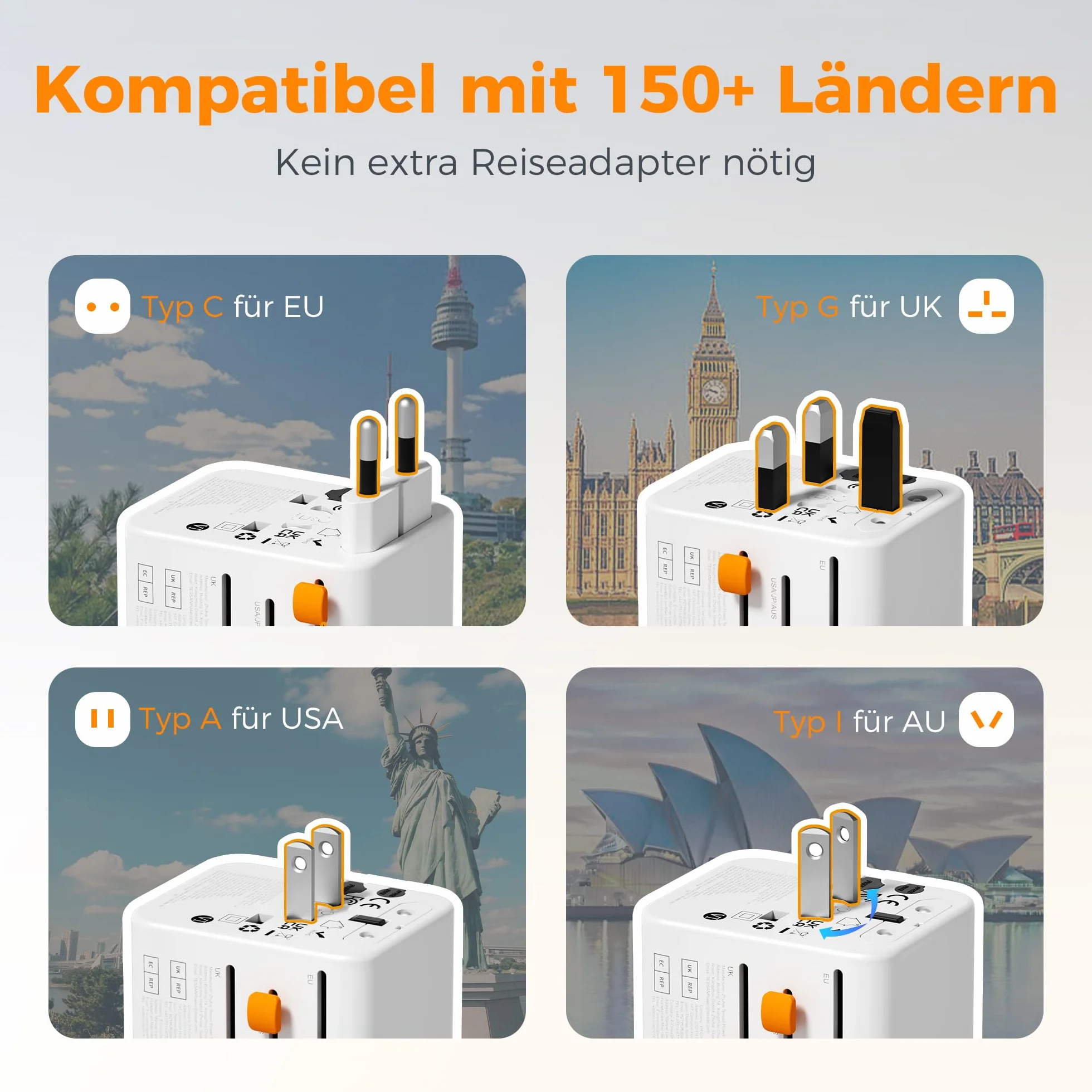 TESSAN Uniwersalny Adapter Wtyczki z 3 USB C i 2 USB A, 2500 W, Podróżny dla USA Tajlandia Japonia Wielka Brytania Brazylia Australia Hiszpania Malezja Indie