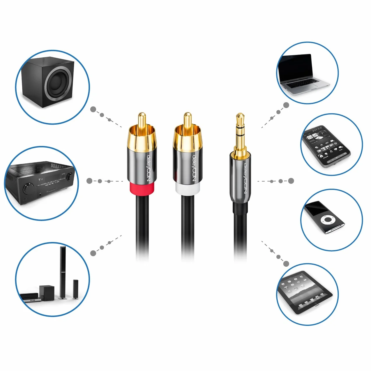 deleyCON 1m Kabel Klinke Cinch 3,5mm Audio Stereo 2x RCA Metalowe Wtyki Czarny