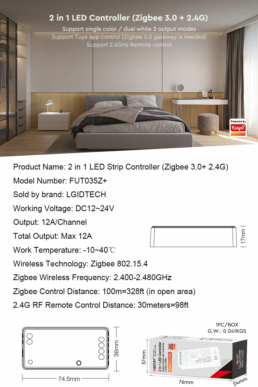LGIDTECH FUT035Z+ 2 w 1 kontroler taśmy LED Zigbee 3.0 + 2,4G, działa z jednokolorowymi i CCT Dual-White LED pasami LED, kompatybilny z Philips Hue, Echo Plus (2. generacji)