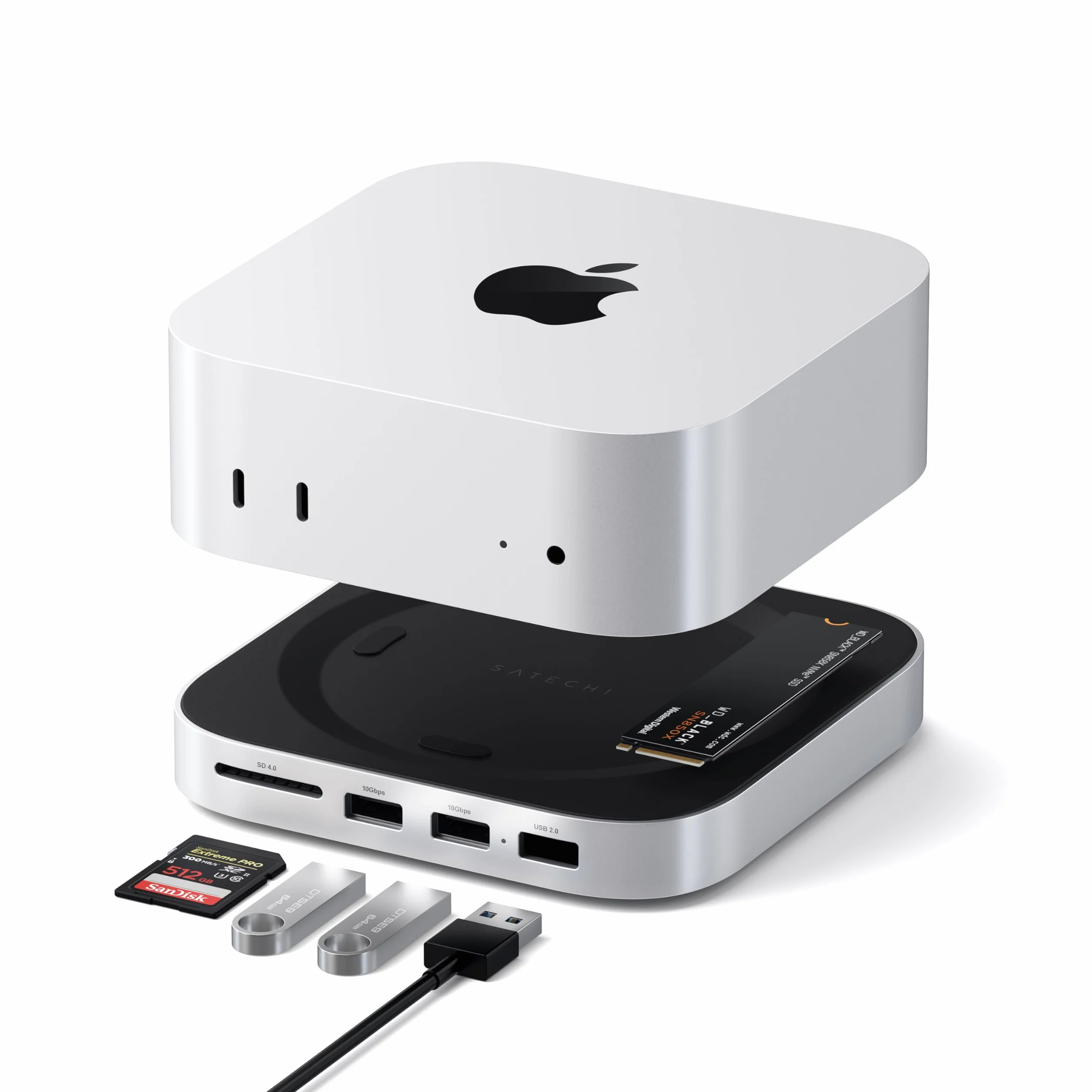 SATECHI Stacja dokująca Mac Mini M4 Hub & Stand z obudową na SSD NVMe, 2x USB-A 10 Gbps, czytnikiem kart SD – Srebrny