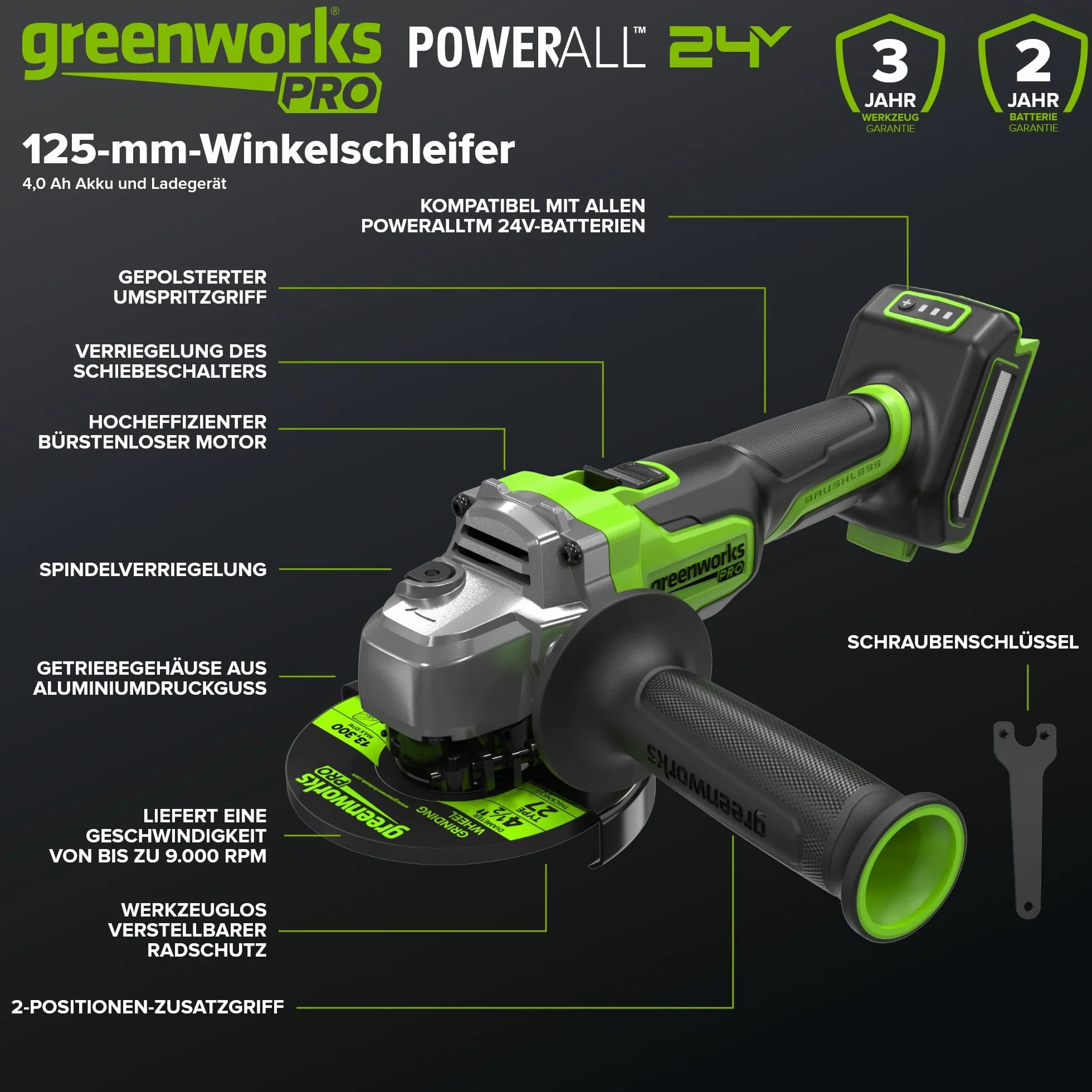 Greenworks Akumulatorowa szlifierka kątowa 24 V 125 mm ostrze tarczowe, 9000 obr./min, 900 W, silnik bezszczotkowy, leworęczny lub praworęczny z baterią USB 4 Ah i ładowarką 65 W AG590