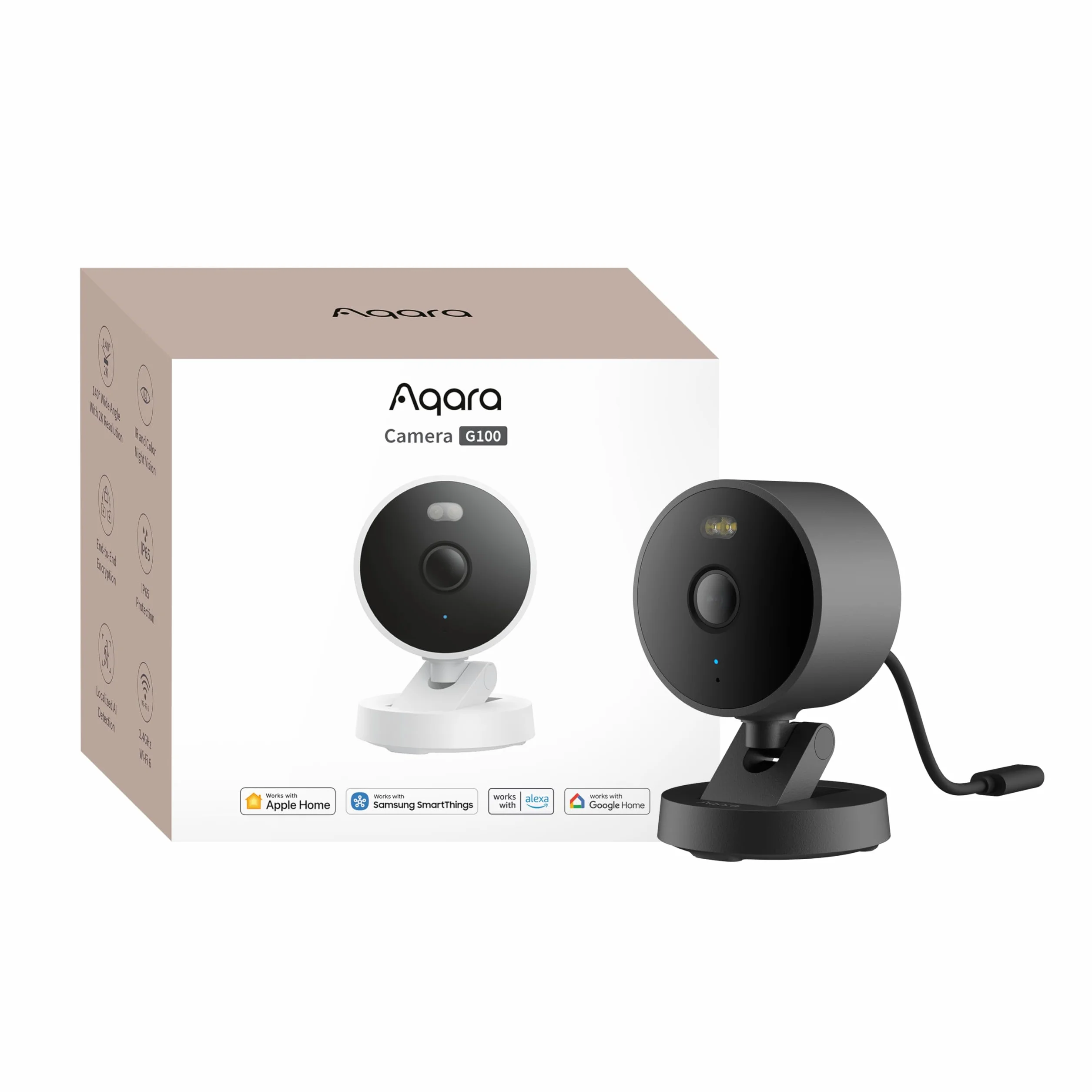 Aqara G100, Wewnętrzna/Zewnętrzna Kamera Bezpieczeństwa 2K, Bezpieczne Wideo HomeKit, 2-Kierunkowy Dźwięk, Wykrywanie AI, kąt widzenia 140°, Wi-Fi 6, Obsługuje HomeKit, Alexa, Google i IFTTT,Czarny