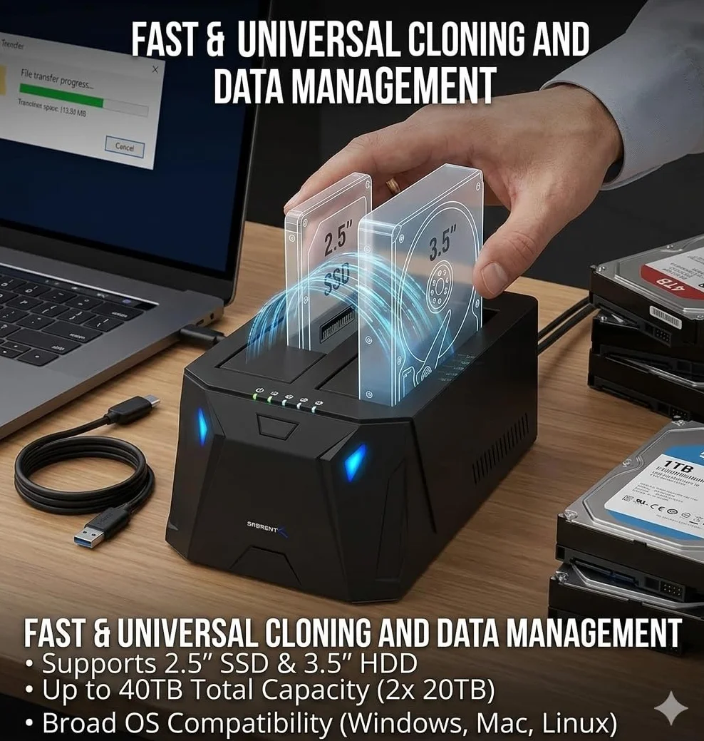 SABRENT 2 Bay USB A Stacja dokująca do dysków twardych 5 Gbps 2,5" 3,5" SATA HDD SSD Dock z klonowaniem offline EC HD2B