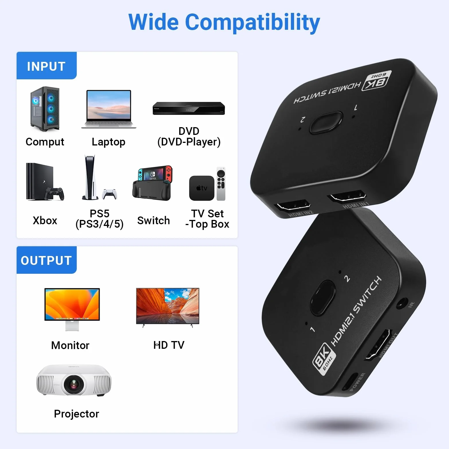 Przełącznik HDMI 8K 60Hz 4K 120Hz 2 w 1 rozdzielacz HDMI 1 w 2 z kablem zasilającym