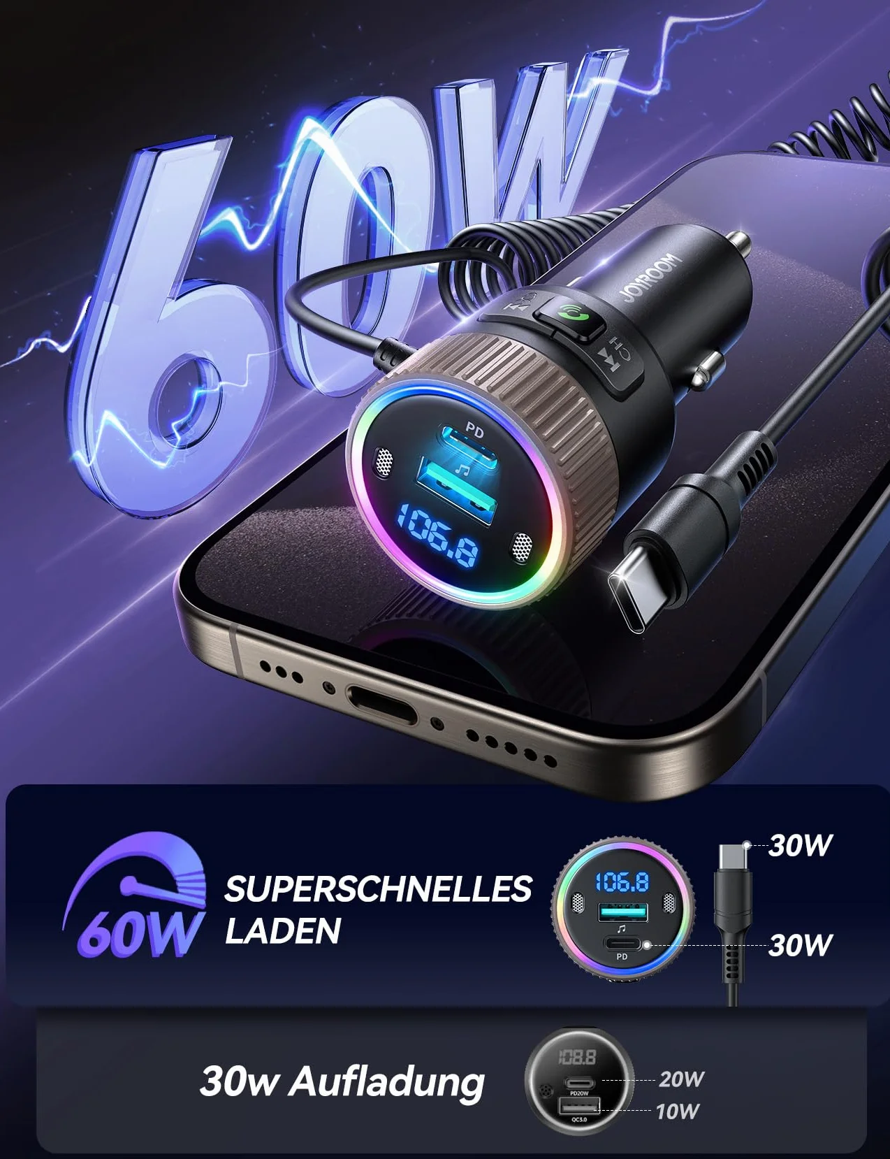 JOYROOM 5.4 Samochodowy Bluetooth 60 W [PD 30W i cewka kablowa typu C 30W] Nadajnik FM Bluetooth Odtwarzacz muzyki bez użycia rąk Stojak na połączenia USB